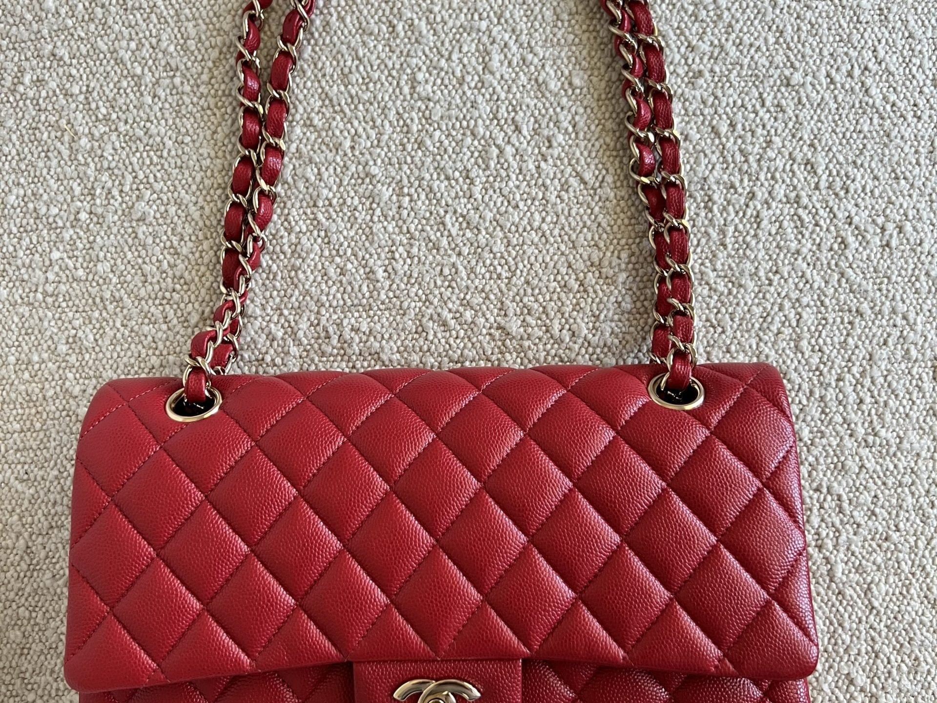 CHANEL Handbag 19B Red Caviar Quilted Classic Flap Medium SHW - Redeluxe