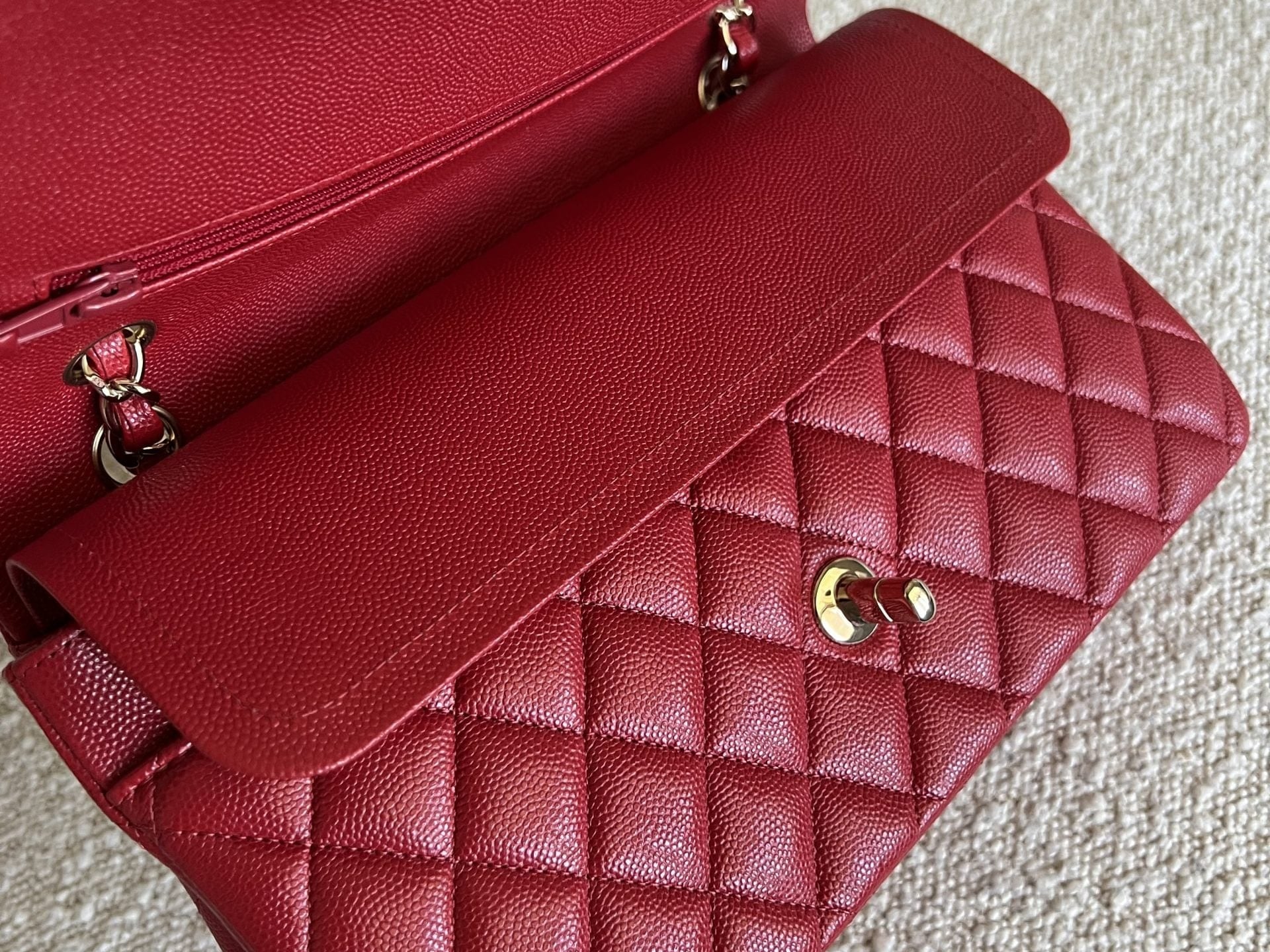 CHANEL Handbag 19B Red Caviar Quilted Classic Flap Medium SHW - Redeluxe