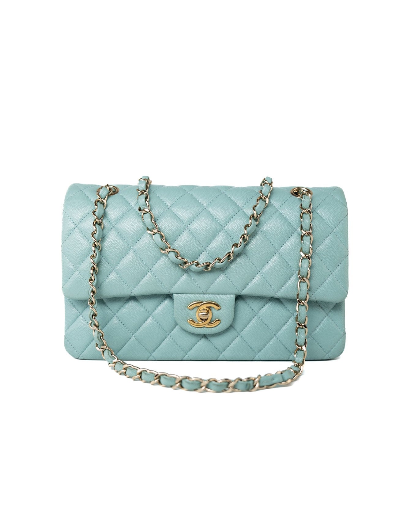 CHANEL Handbag 19c Tiffany Blue Caviar Quilted Classic Flap Light Gold Hardware - Redeluxe