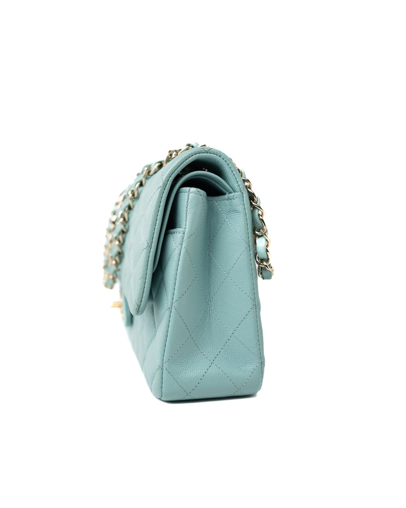 CHANEL Handbag 19c Tiffany Blue Caviar Quilted Classic Flap Light Gold Hardware - Redeluxe