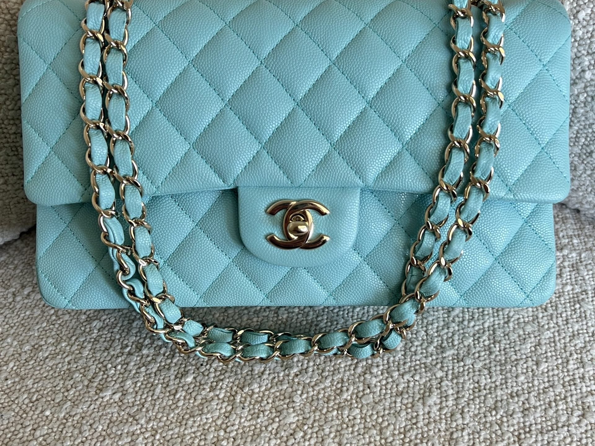 CHANEL Handbag 19C Tiffany Blue  Caviar Quilted Classic Flap Medium LGHW - Redeluxe