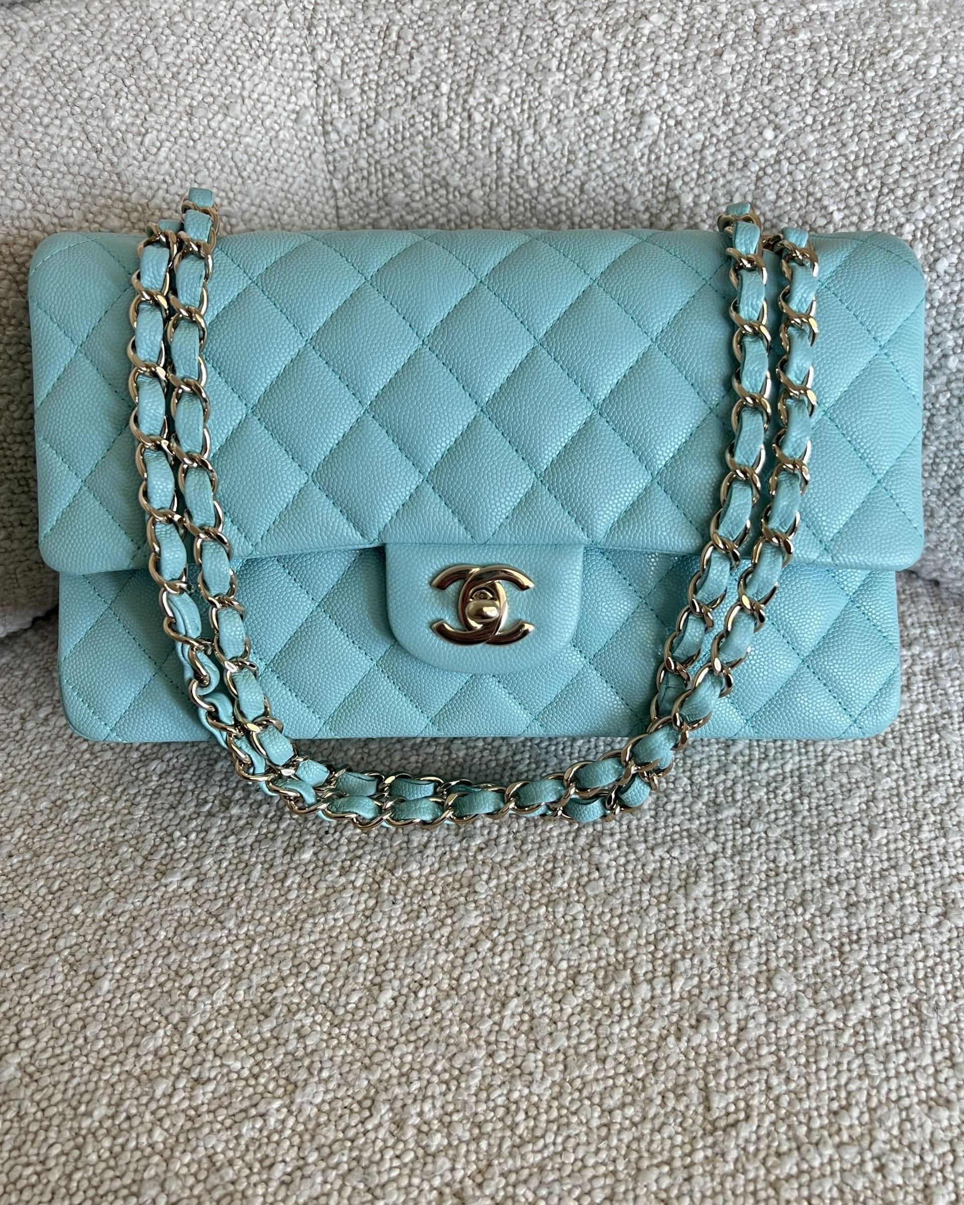 CHANEL Handbag 19C Tiffany Blue  Caviar Quilted Classic Flap Medium LGHW - Redeluxe