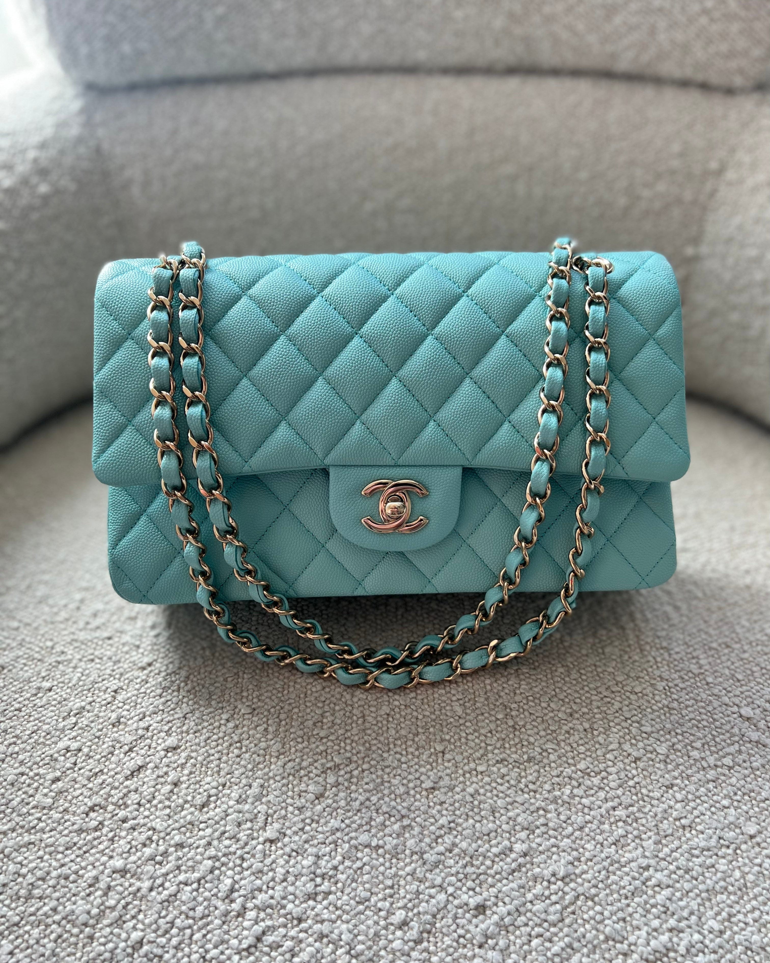 CHANEL Handbag 19C Tiffany Blue Caviar Quilted Classic Flap Medium LGHW - Redeluxe