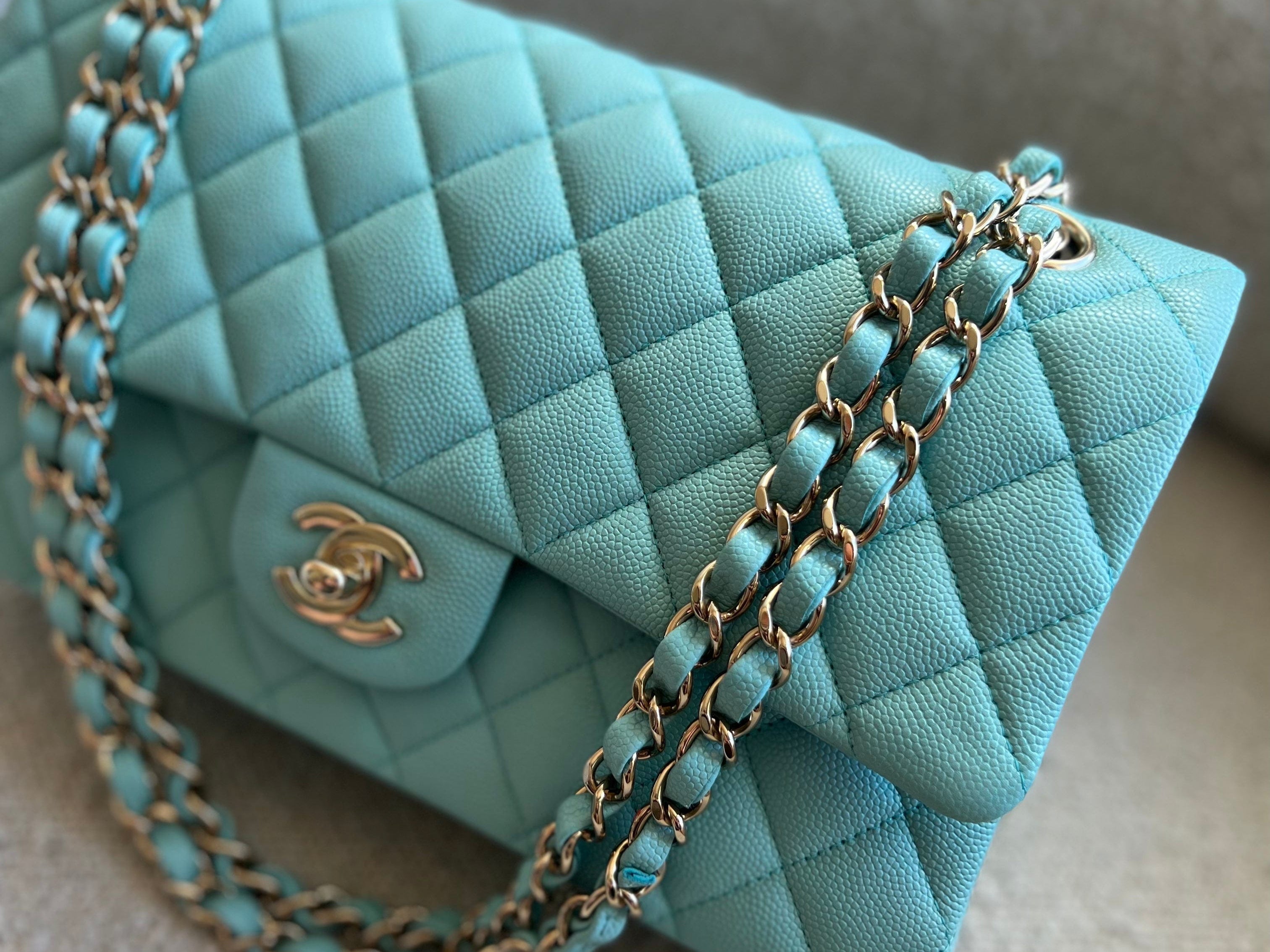 CHANEL Handbag 19C Tiffany Blue Caviar Quilted Classic Flap Medium LGHW - Redeluxe