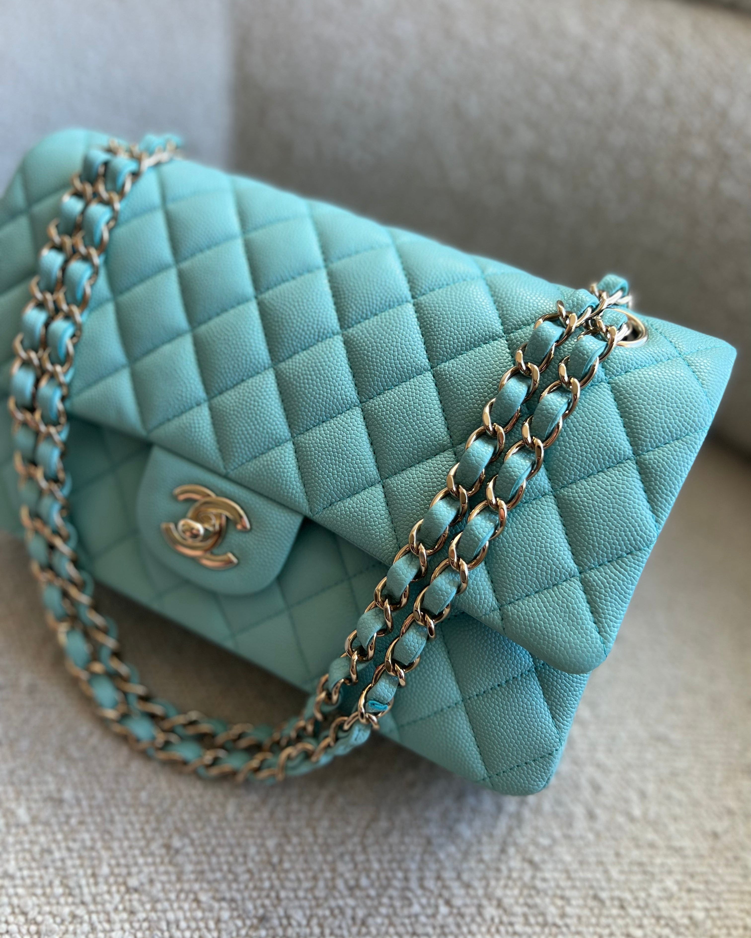 CHANEL Handbag 19C Tiffany Blue Caviar Quilted Classic Flap Medium LGHW - Redeluxe