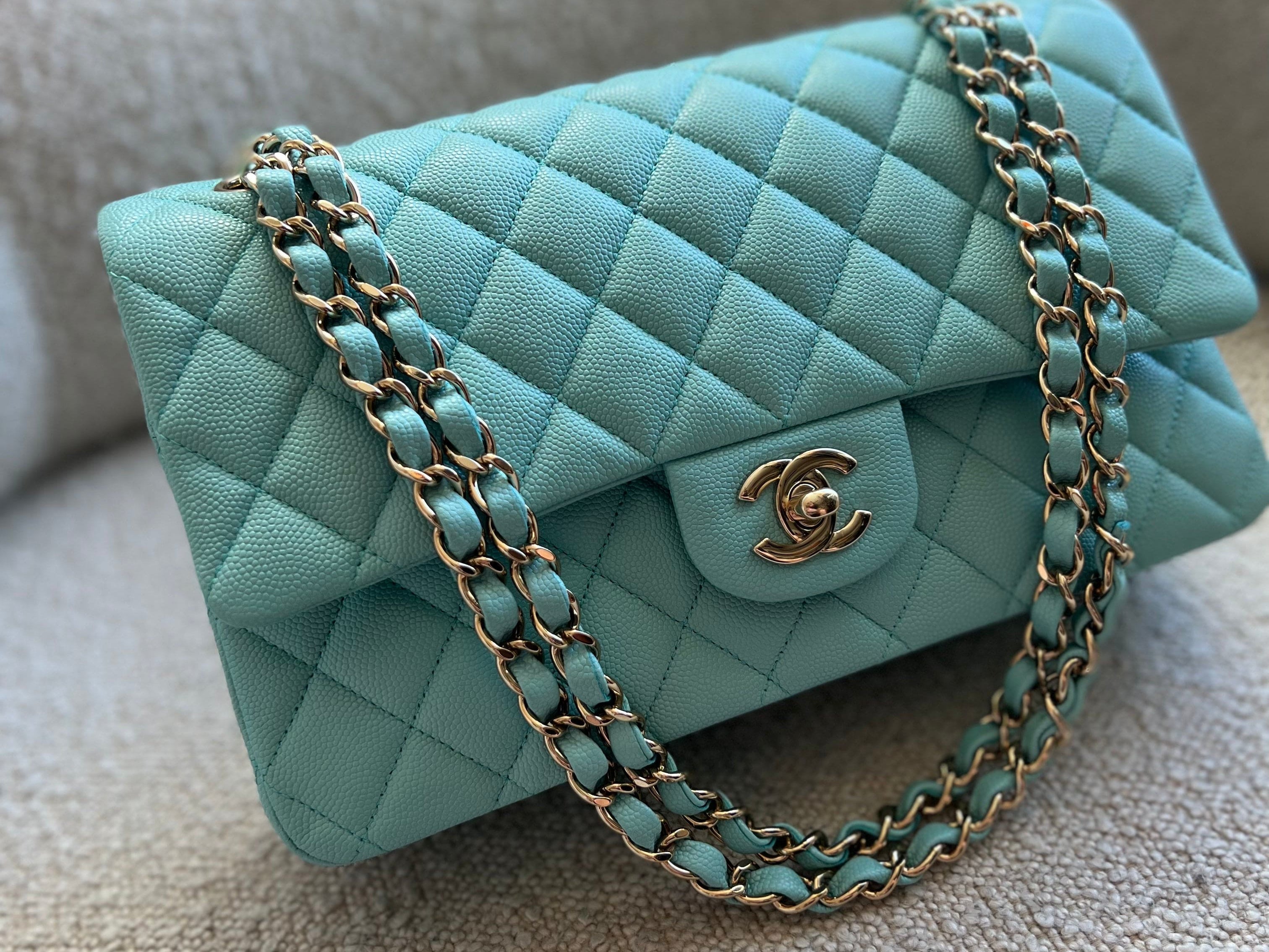 CHANEL Handbag 19C Tiffany Blue Caviar Quilted Classic Flap Medium LGHW - Redeluxe