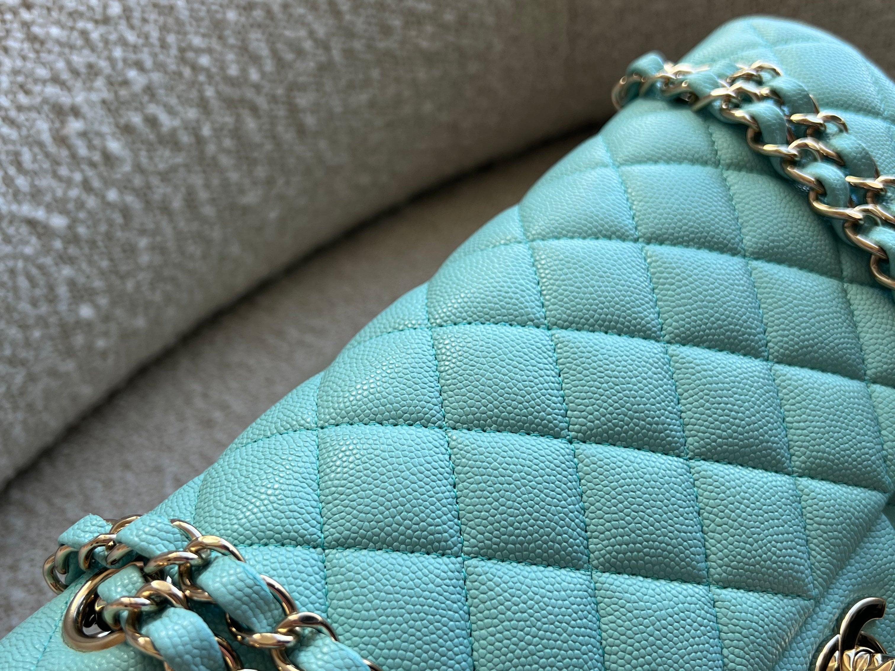 CHANEL Handbag 19C Tiffany Blue Caviar Quilted Classic Flap Medium LGHW - Redeluxe