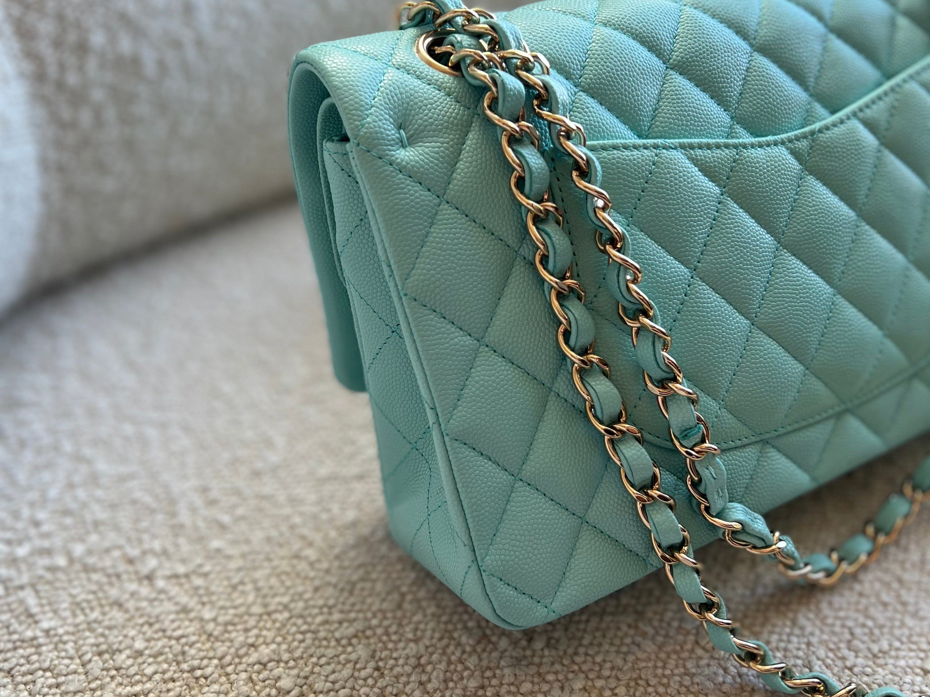 CHANEL Handbag 19C Tiffany Blue Caviar Quilted Classic Flap Medium LGHW - Redeluxe