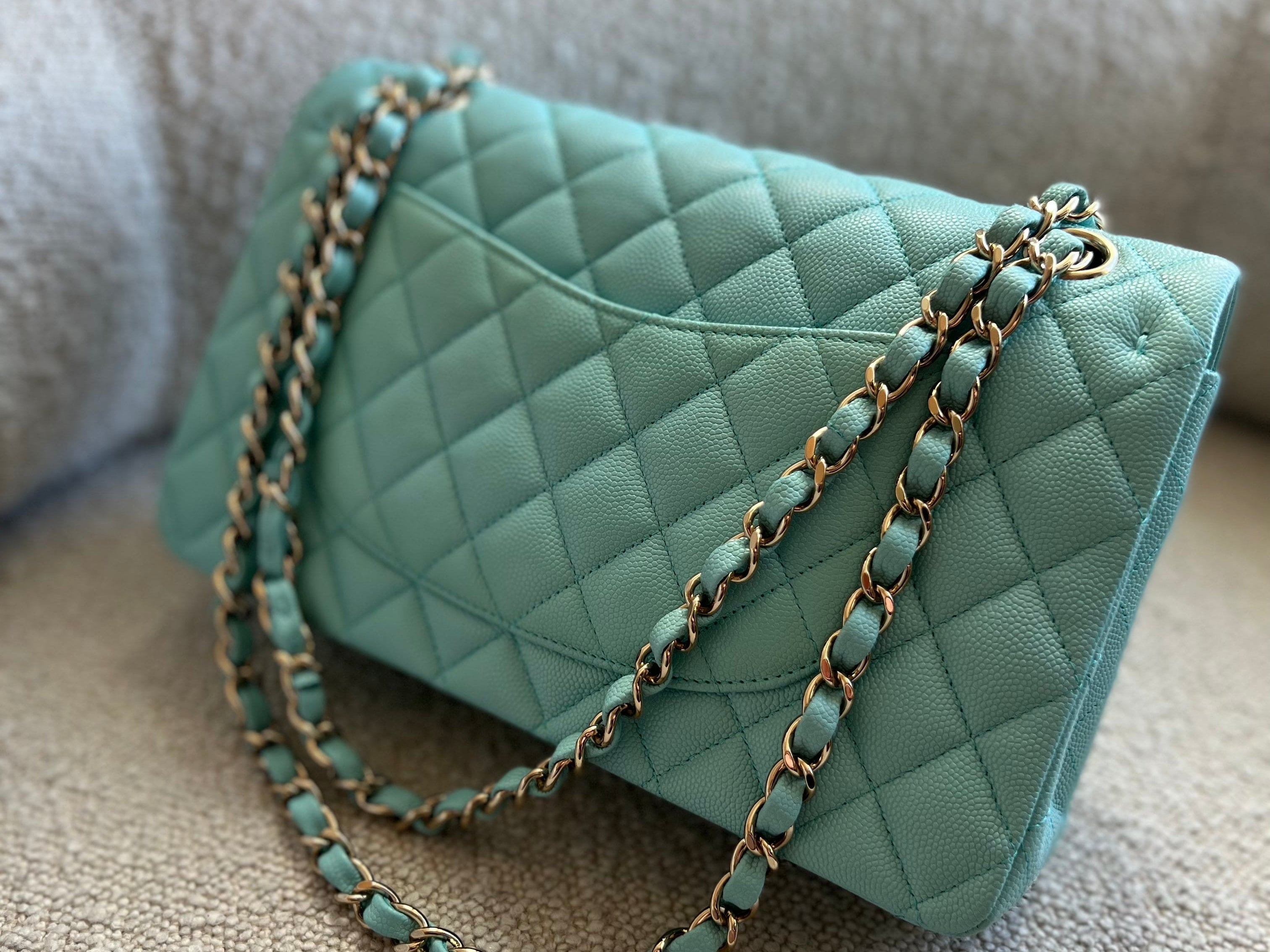 CHANEL Handbag 19C Tiffany Blue Caviar Quilted Classic Flap Medium LGHW - Redeluxe