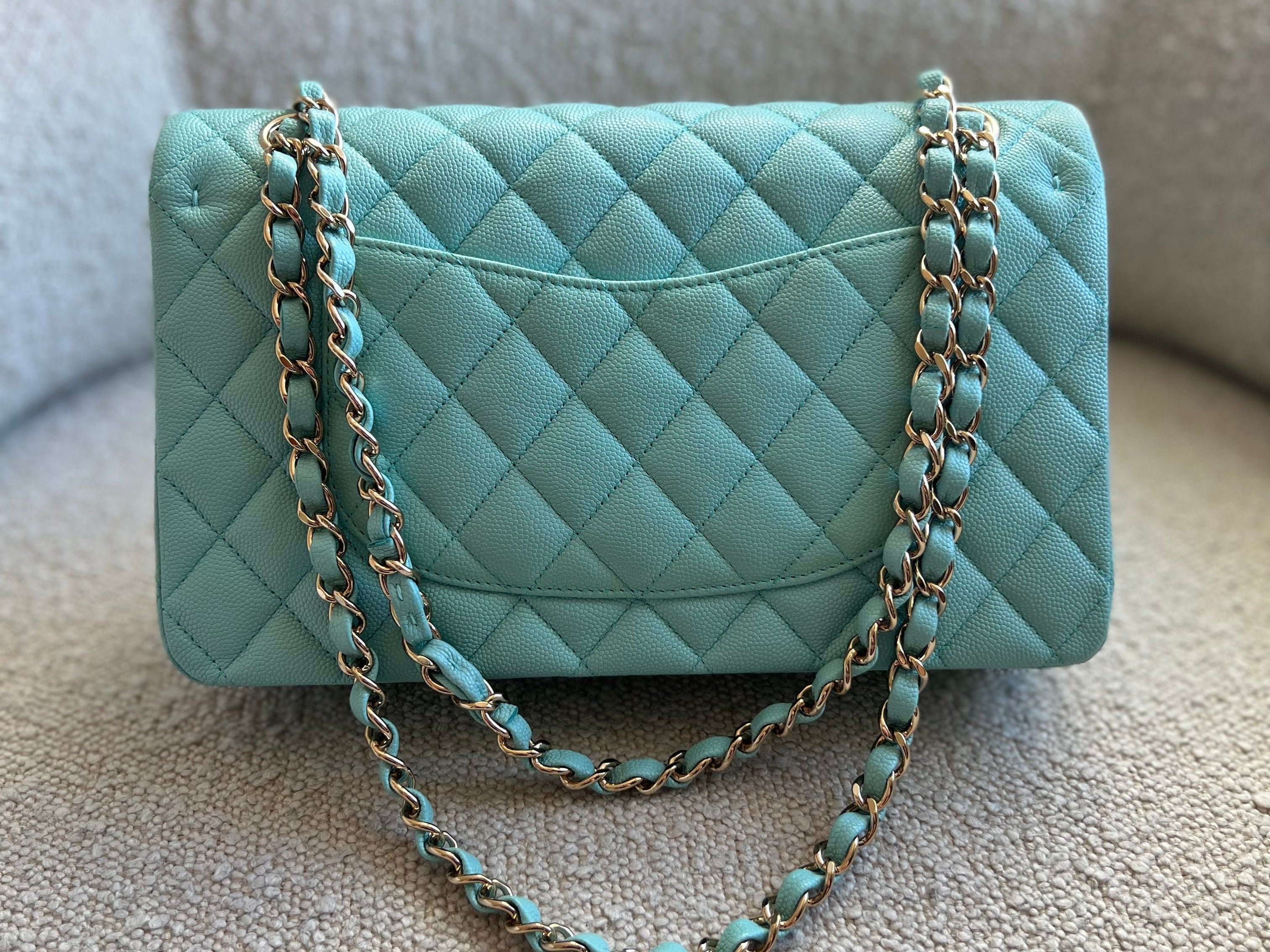 CHANEL Handbag 19C Tiffany Blue Caviar Quilted Classic Flap Medium LGHW - Redeluxe