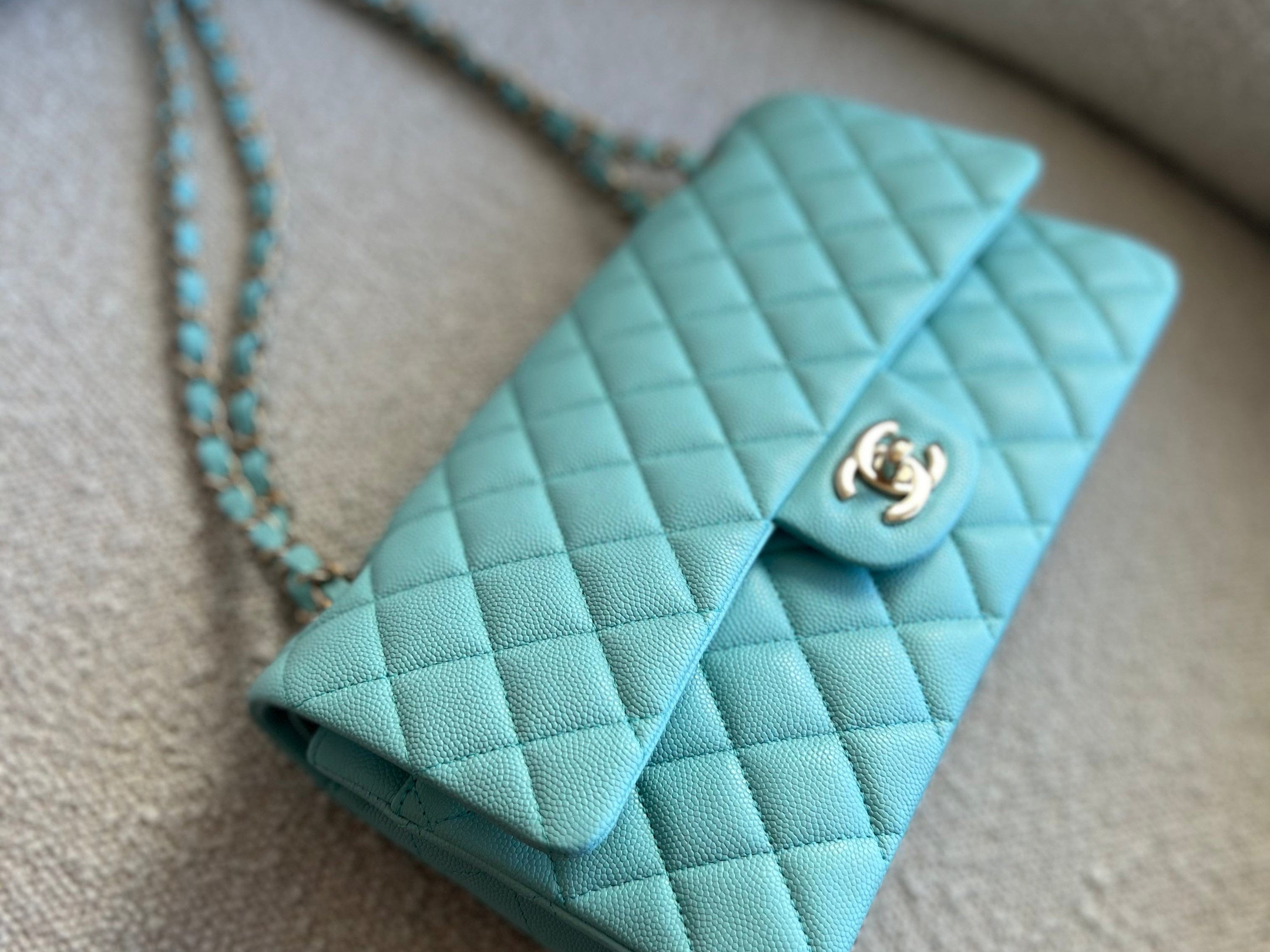 CHANEL Handbag 19C Tiffany Blue Caviar Quilted Classic Flap Medium LGHW - Redeluxe