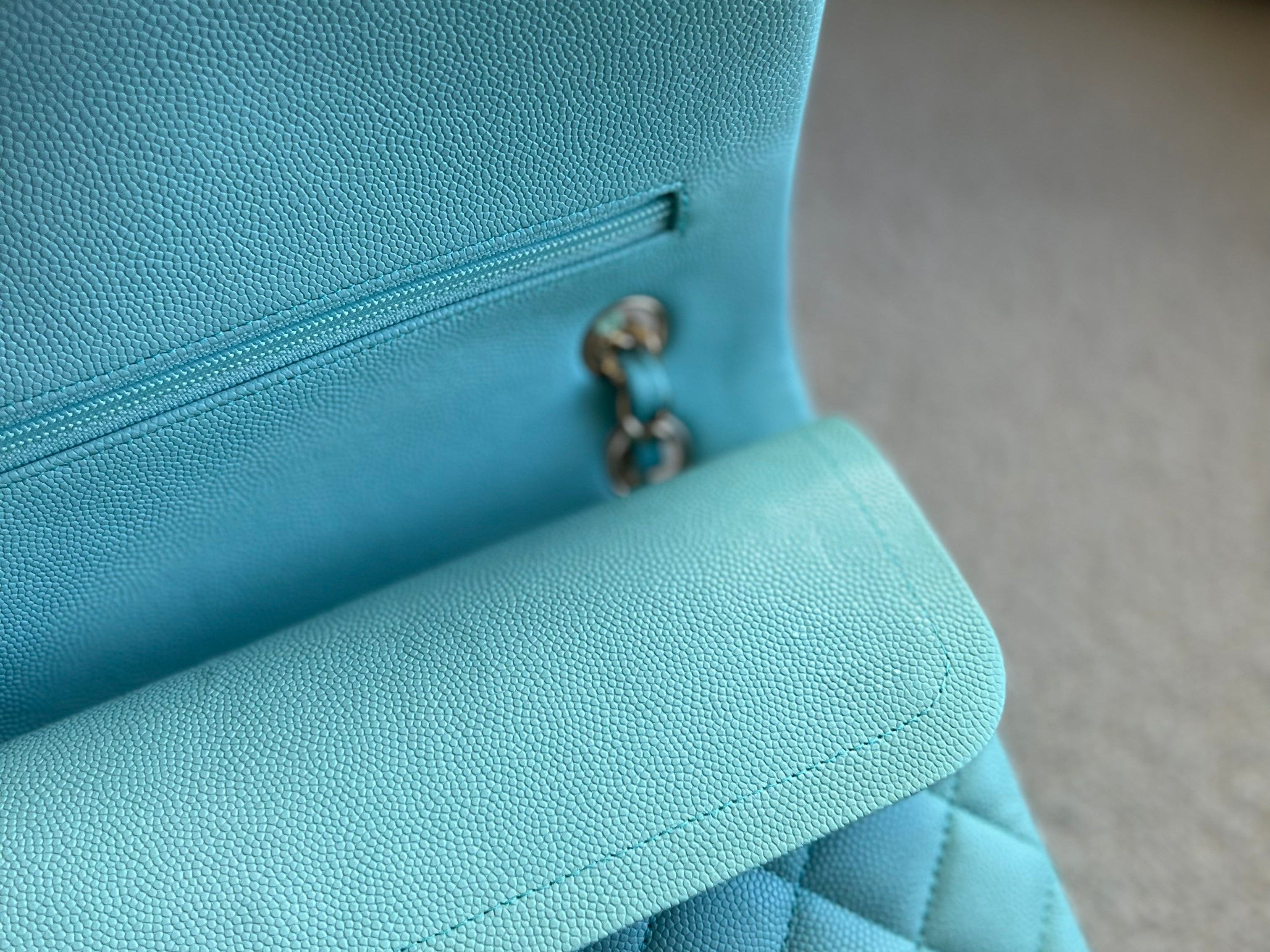 CHANEL Handbag 19C Tiffany Blue Caviar Quilted Classic Flap Medium LGHW - Redeluxe
