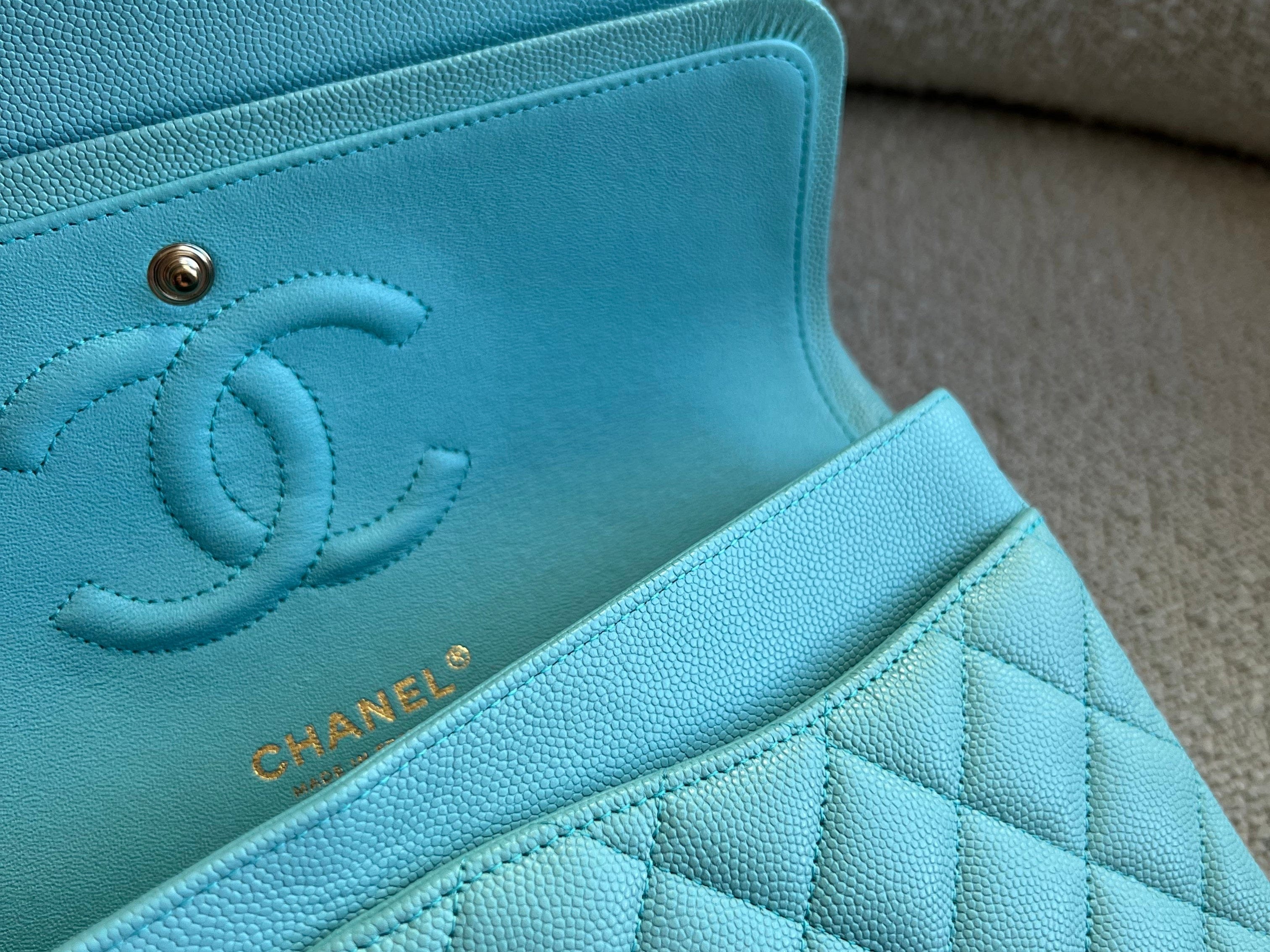 CHANEL Handbag 19C Tiffany Blue Caviar Quilted Classic Flap Medium LGHW - Redeluxe