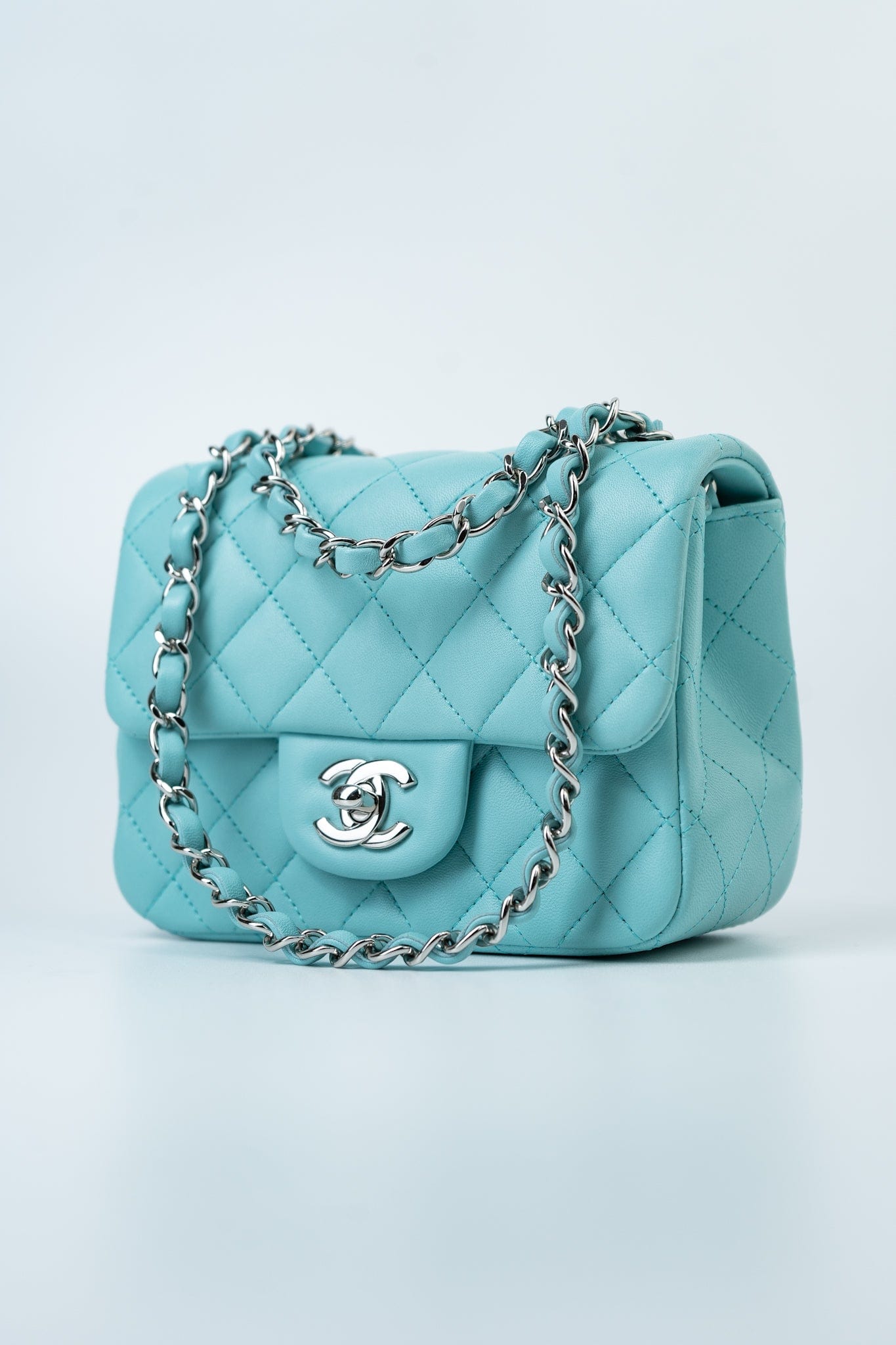 19c Tiffany Blue Lambskin Quilted Mini Square Single Flap Silver