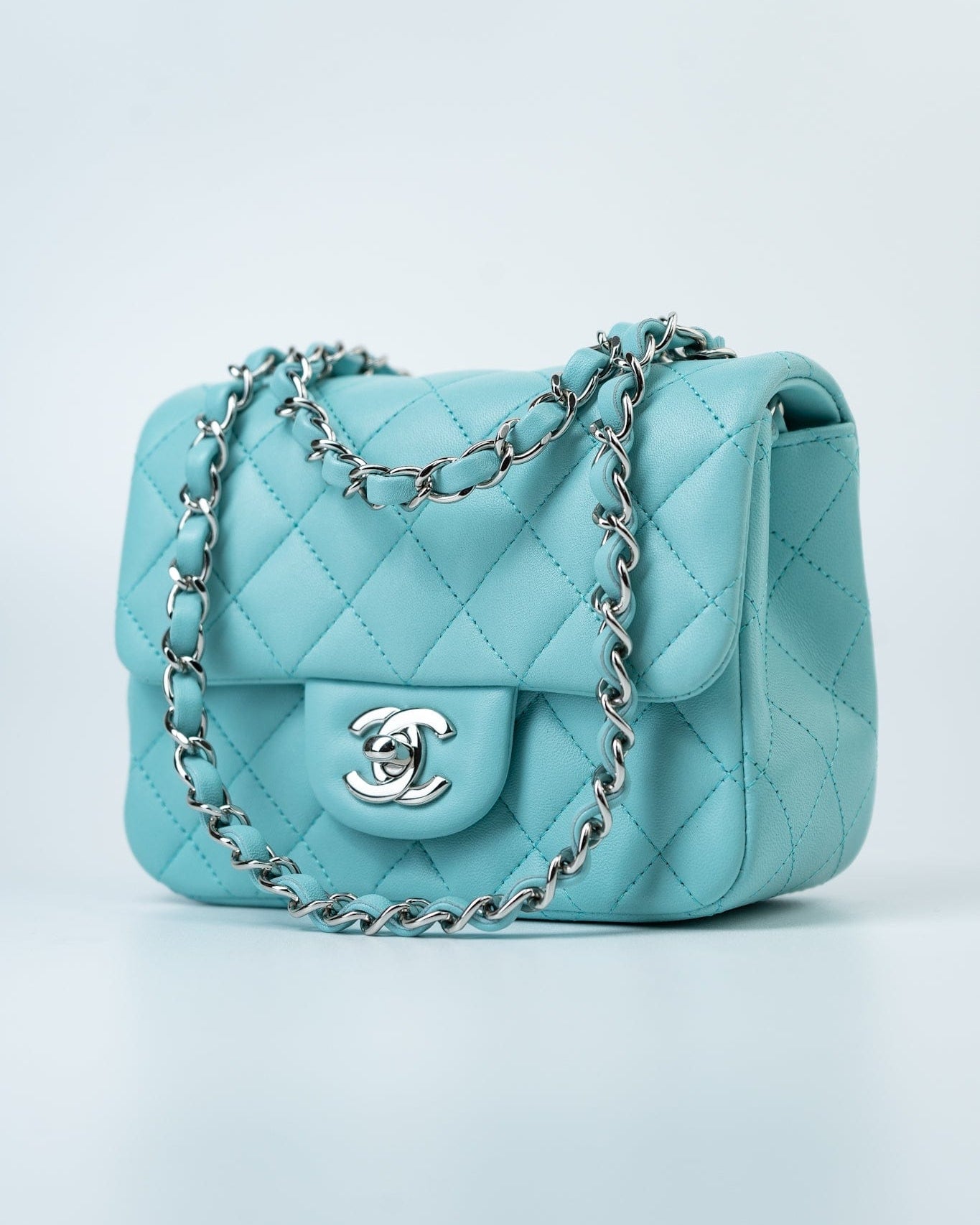 CHANEL Handbag 19c Tiffany Blue Lambskin Quilted Mini Square Single Flap Silver Hardware - Redeluxe