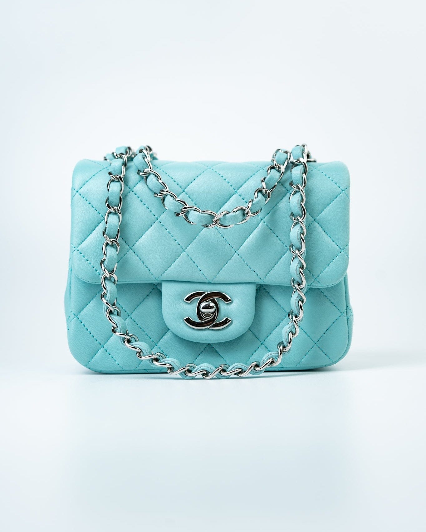 CHANEL Handbag 19c Tiffany Blue Lambskin Quilted Mini Square Single Flap Silver Hardware - Redeluxe