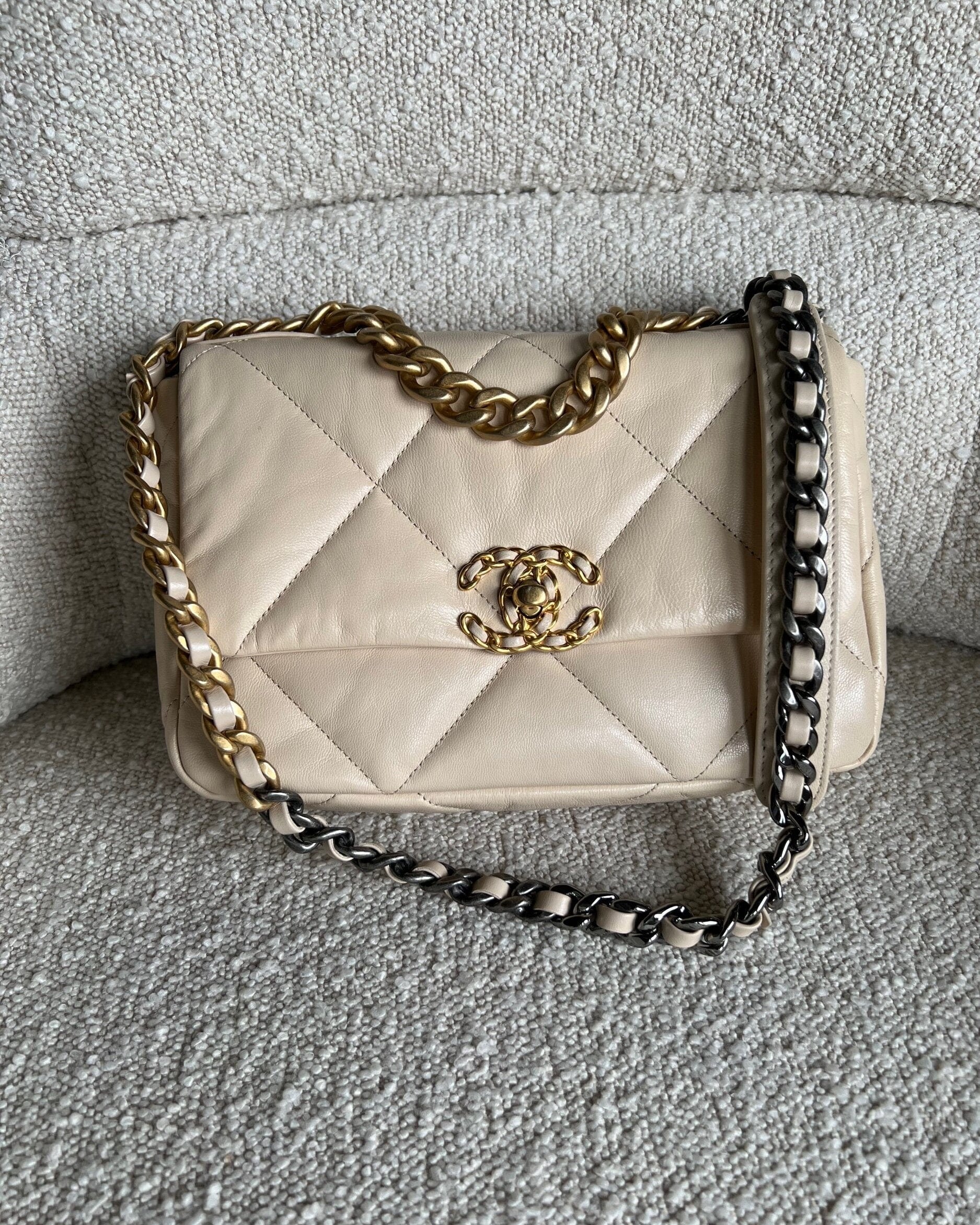 CHANEL Handbag 20A Small Beige Goatskin 19 Flap Mixed Hardware - Redeluxe