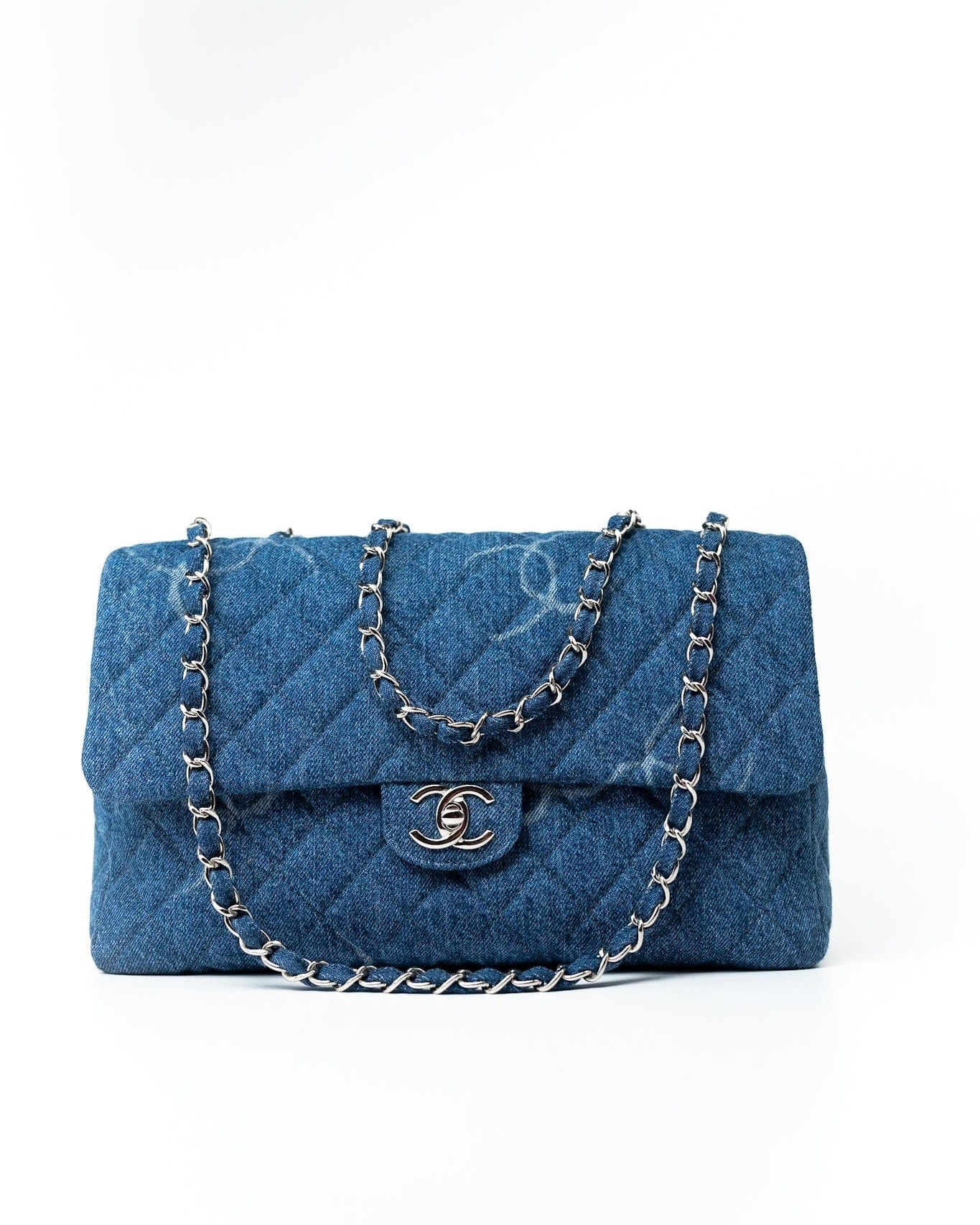 CHANEL Handbag 20B Blue Denim Quilted CC Classic Flap Jumbo SHW - Redeluxe