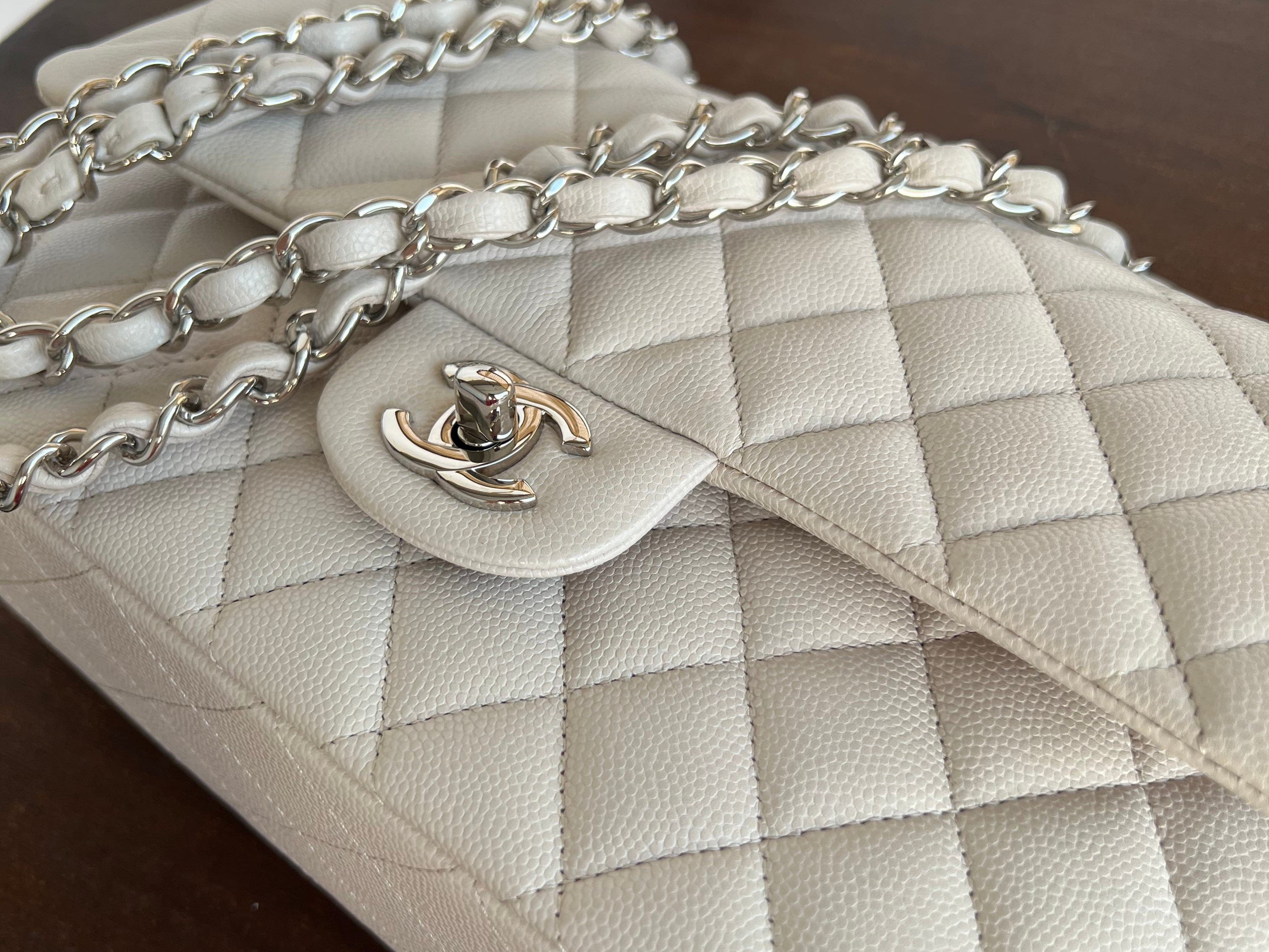 CHANEL Handbag 20B Ivory Caviar Quilted Classic Flap Medium Silver Hardware - Redeluxe