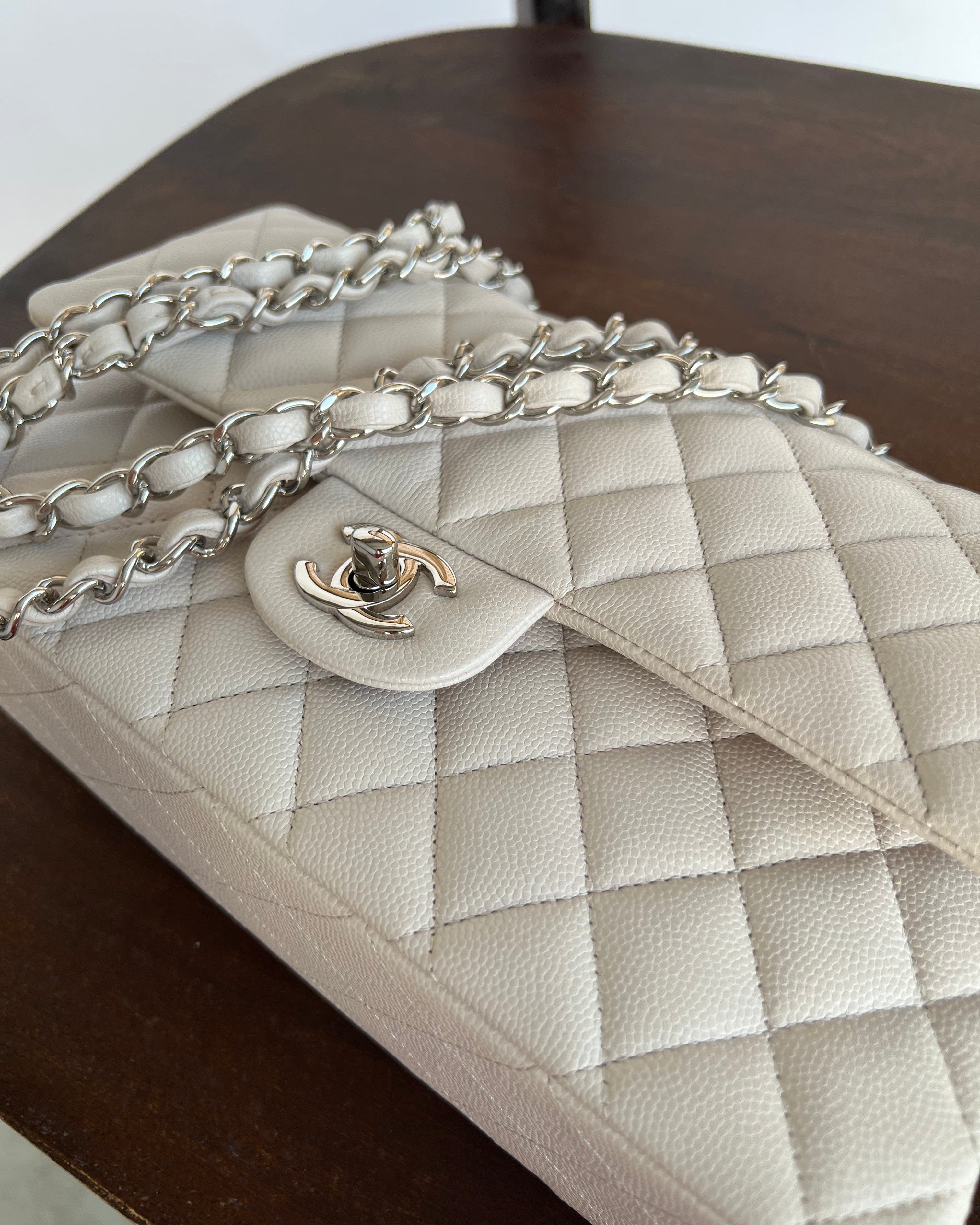 CHANEL Handbag 20B Ivory Caviar Quilted Classic Flap Medium Silver Hardware - Redeluxe