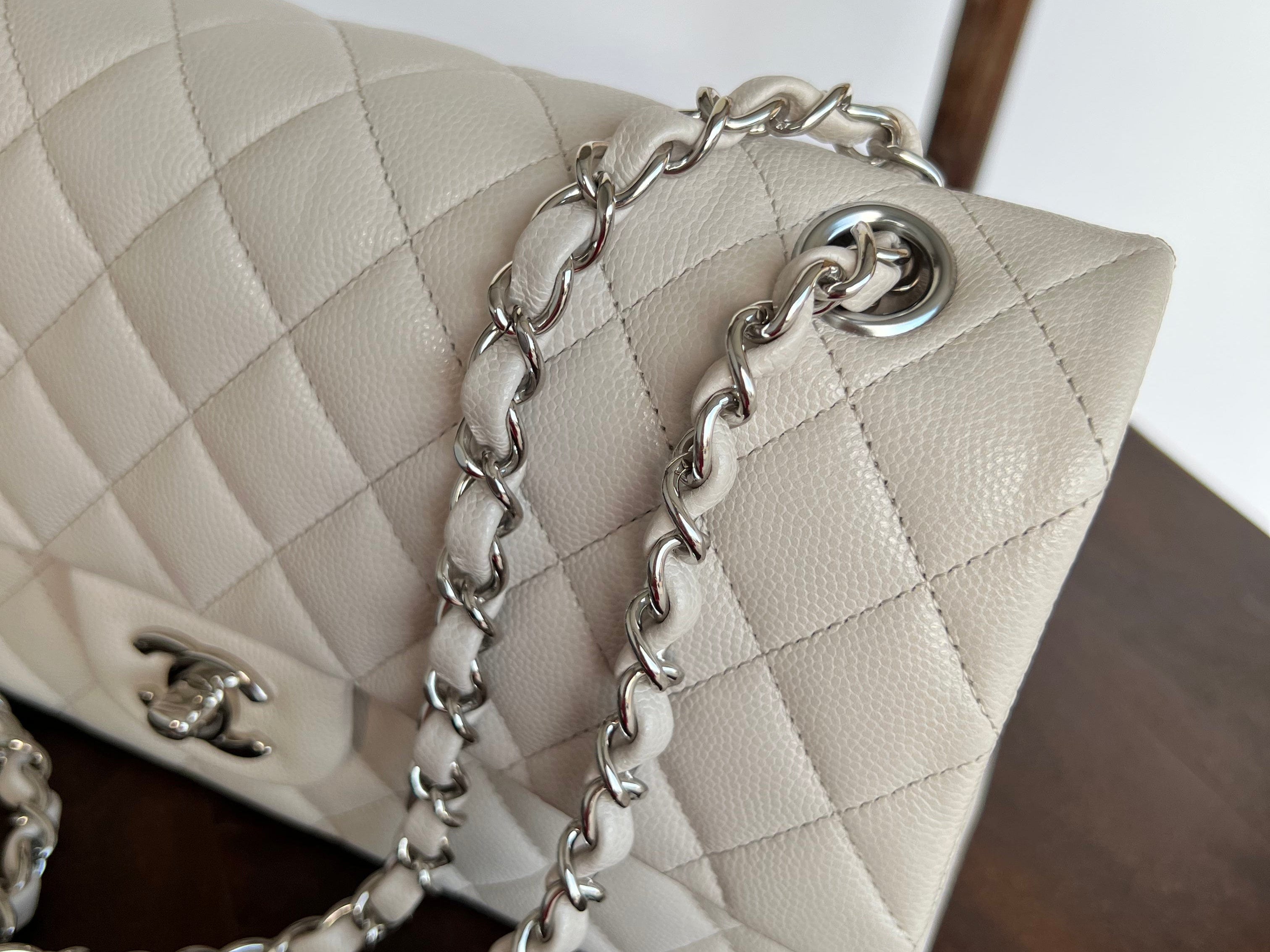 CHANEL Handbag 20B Ivory Caviar Quilted Classic Flap Medium Silver Hardware - Redeluxe