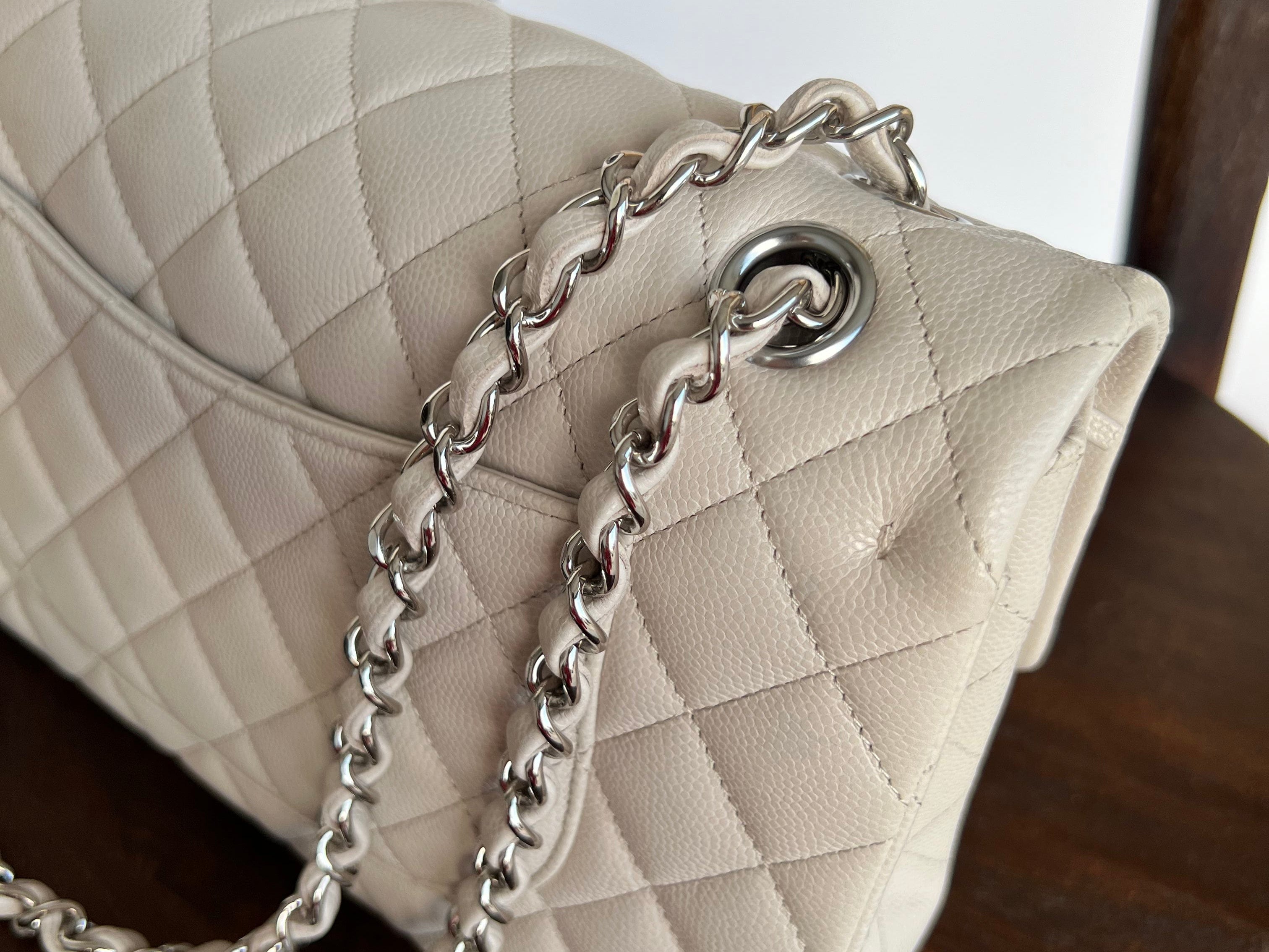 CHANEL Handbag 20B Ivory Caviar Quilted Classic Flap Medium Silver Hardware - Redeluxe