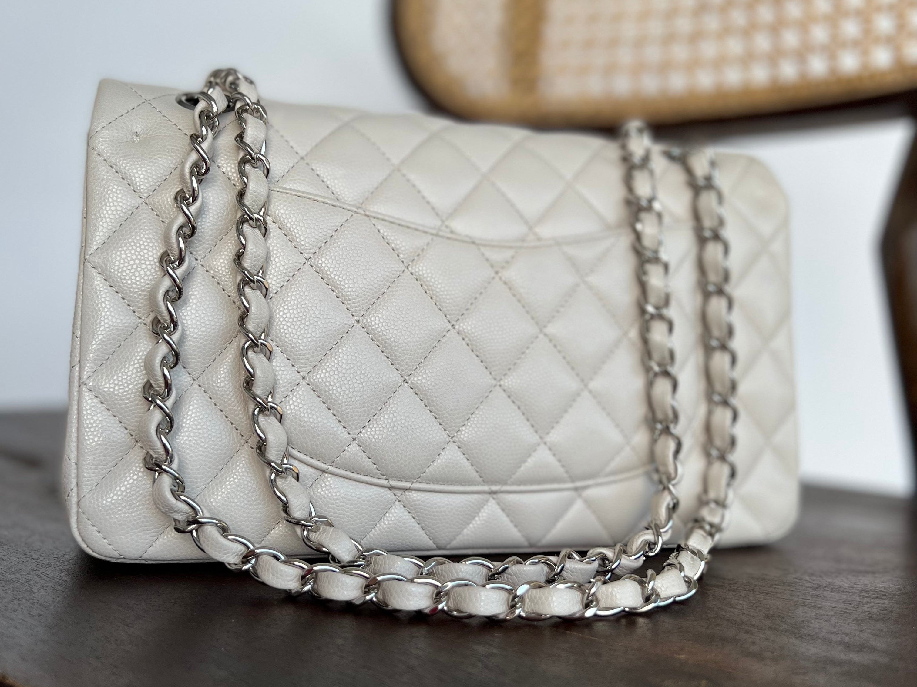 CHANEL Handbag 20B Ivory Caviar Quilted Classic Flap Medium Silver Hardware - Redeluxe