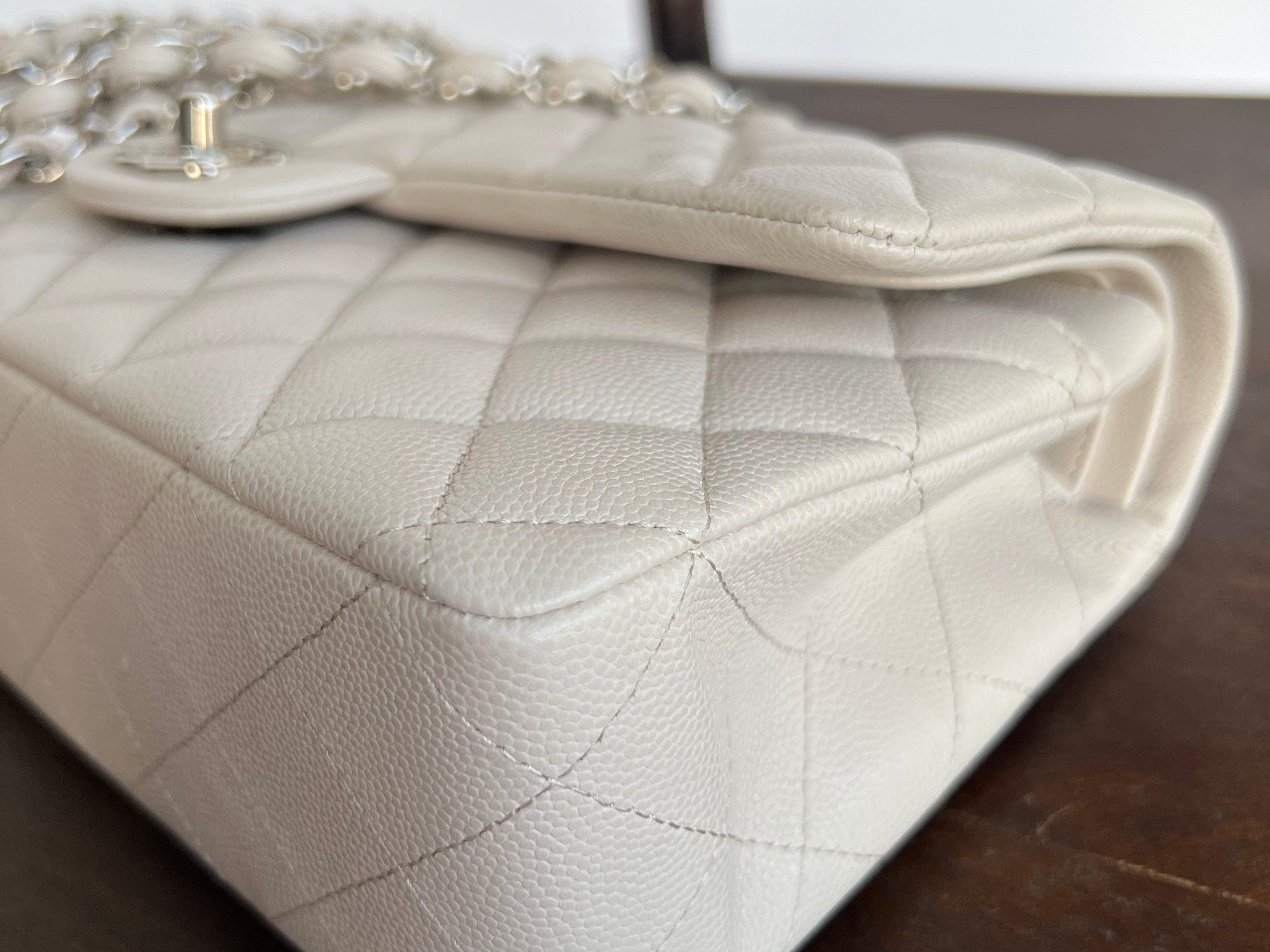 CHANEL Handbag 20B Ivory Caviar Quilted Classic Flap Medium Silver Hardware - Redeluxe