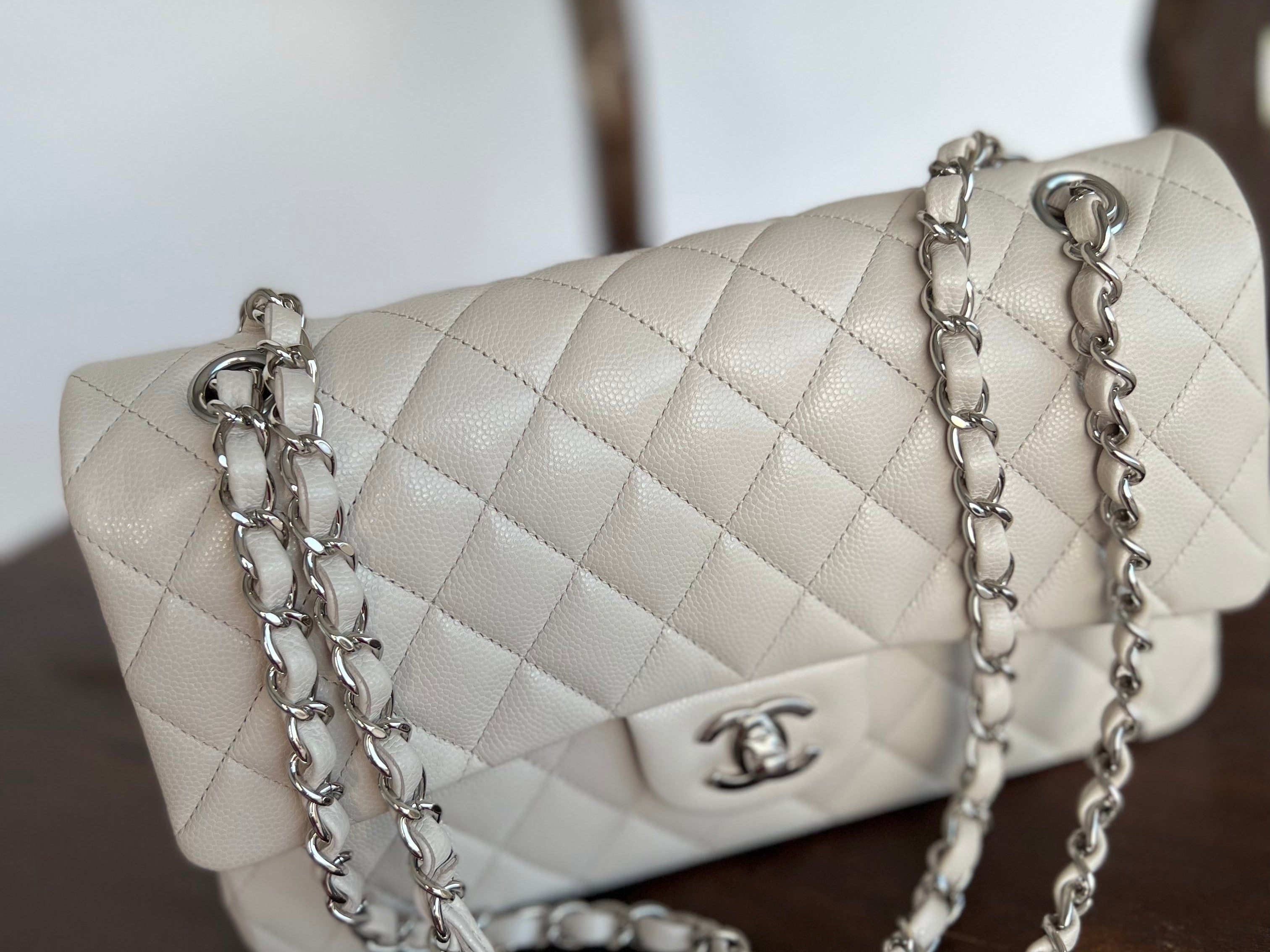 CHANEL Handbag 20B Ivory Caviar Quilted Classic Flap Medium Silver Hardware - Redeluxe
