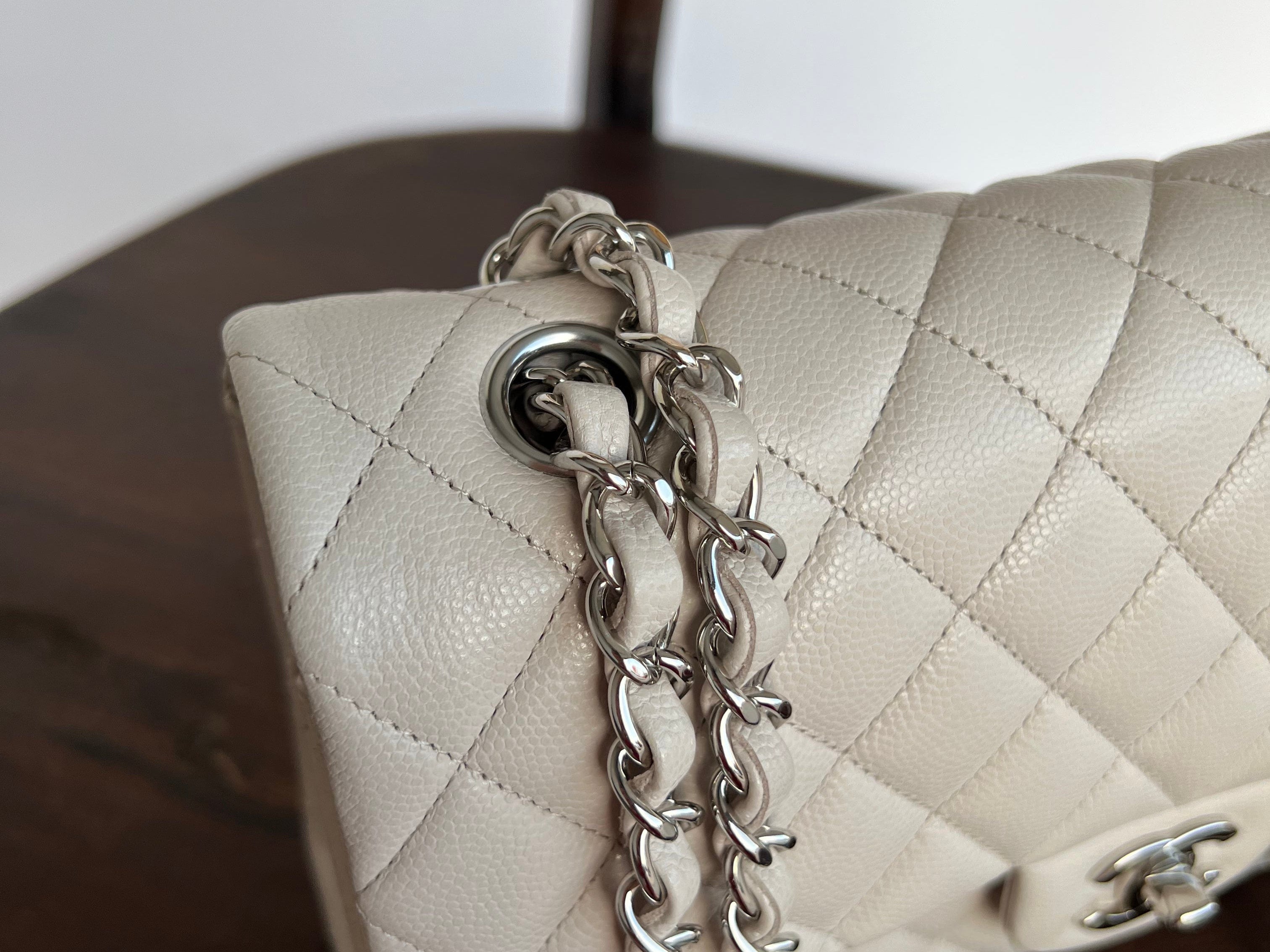 CHANEL Handbag 20B Ivory Caviar Quilted Classic Flap Medium Silver Hardware - Redeluxe