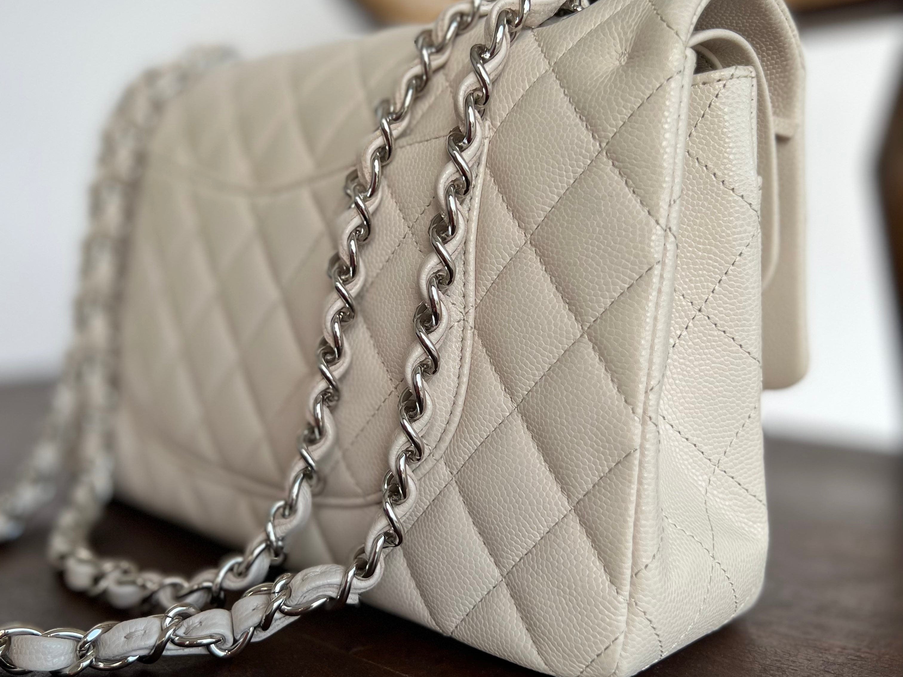 CHANEL Handbag 20B Ivory Caviar Quilted Classic Flap Medium Silver Hardware - Redeluxe