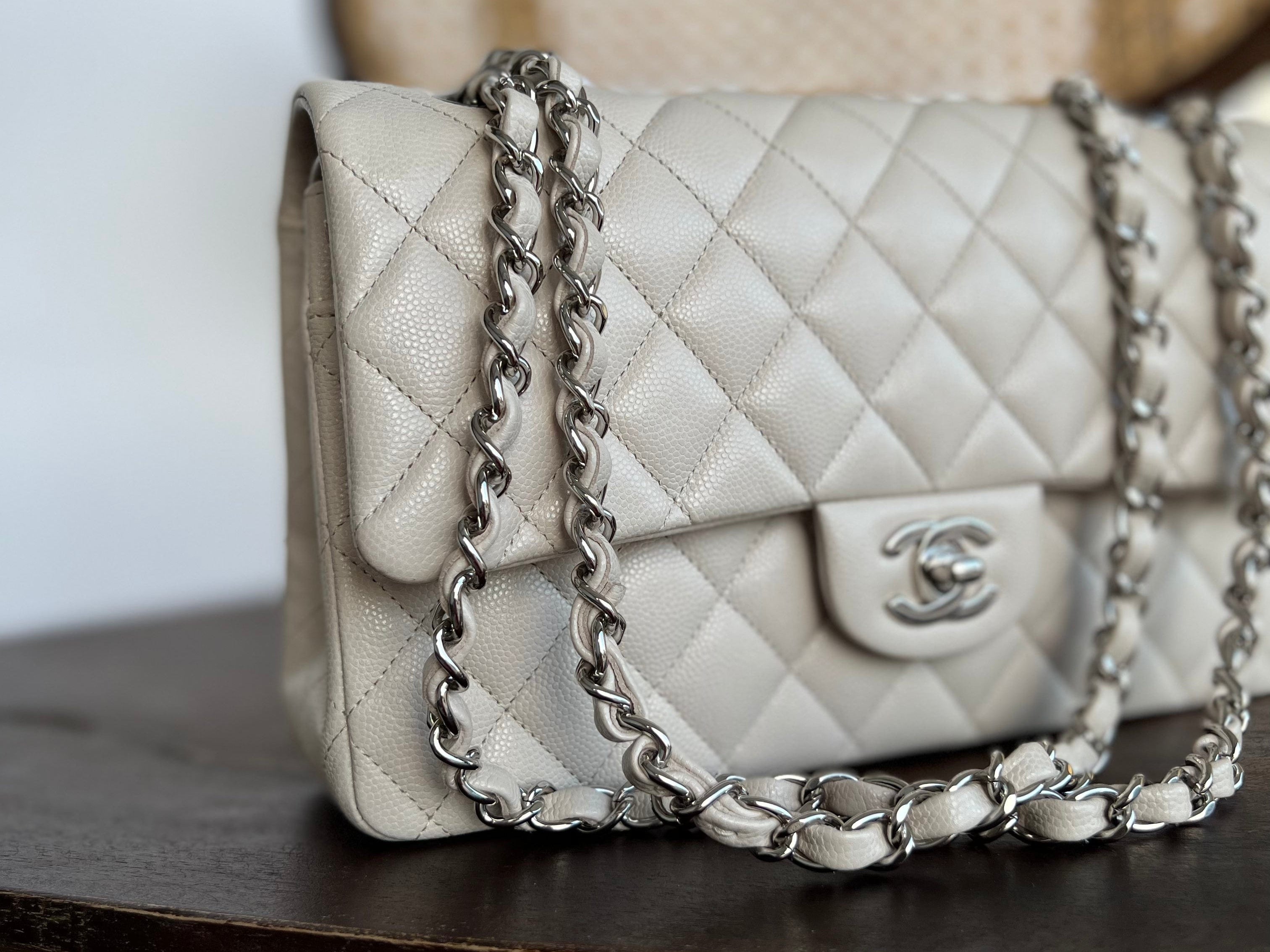 CHANEL Handbag 20B Ivory Caviar Quilted Classic Flap Medium Silver Hardware - Redeluxe