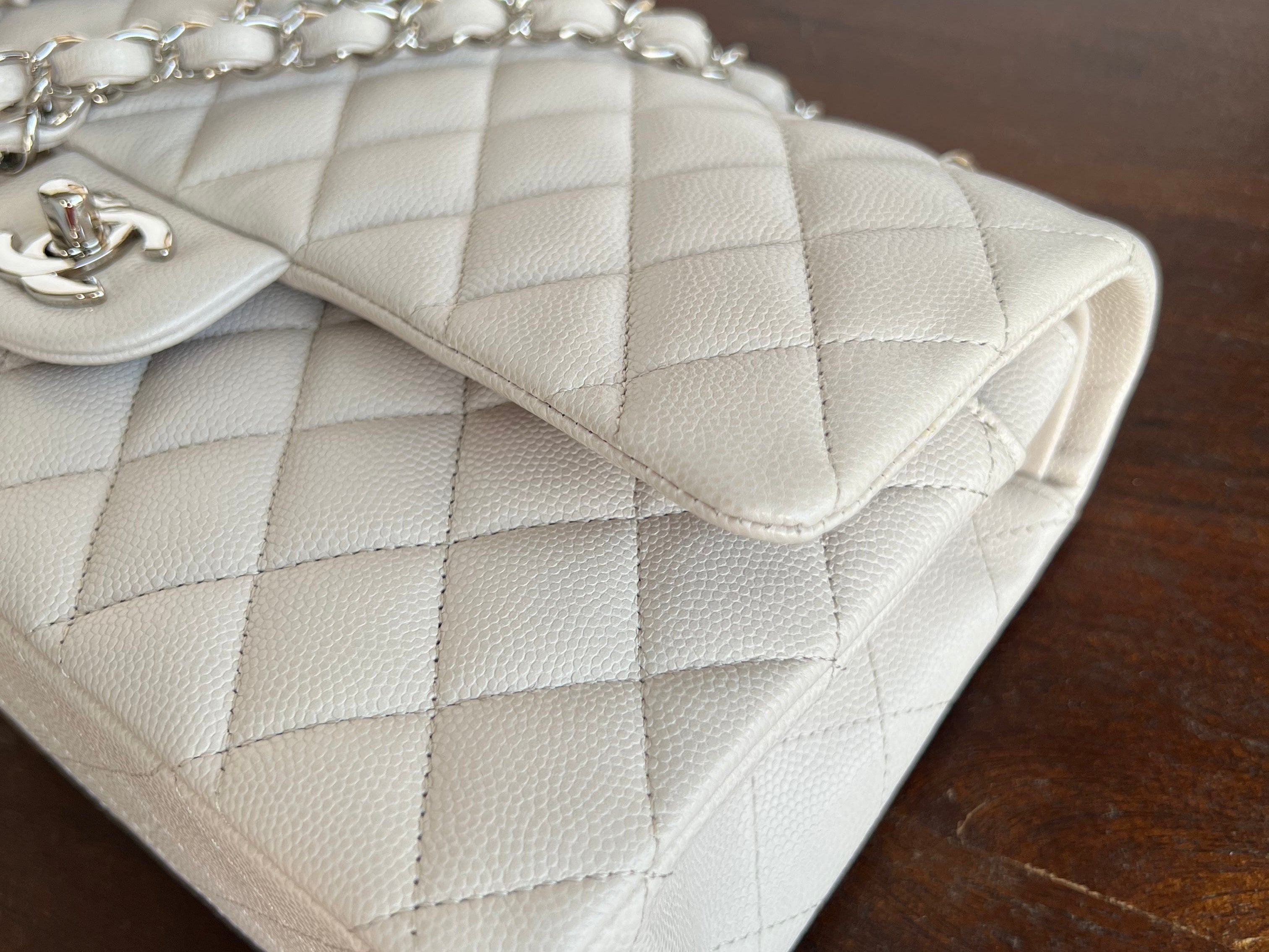 CHANEL Handbag 20B Ivory Caviar Quilted Classic Flap Medium Silver Hardware - Redeluxe