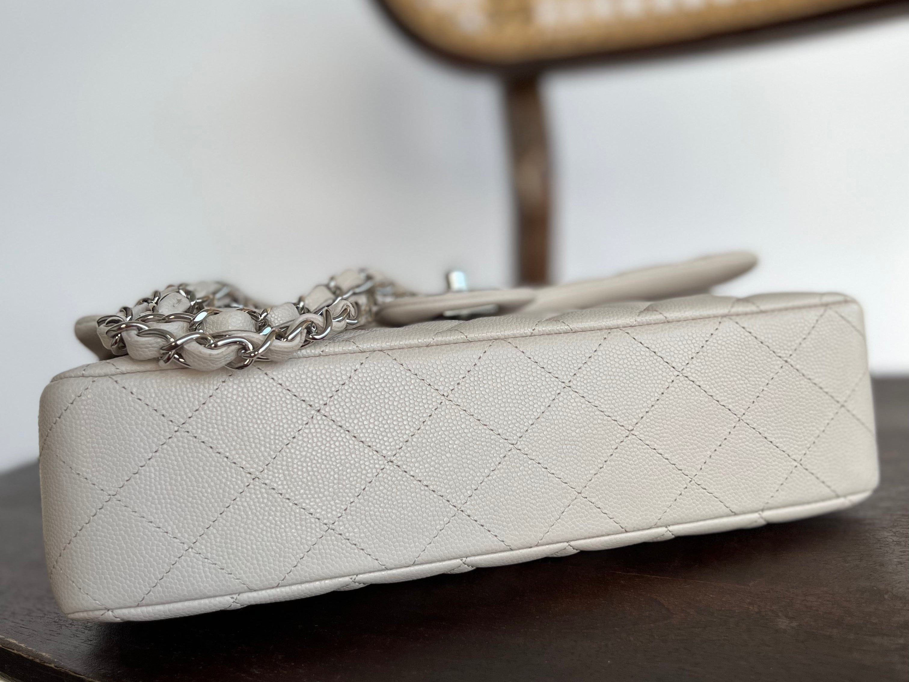 CHANEL Handbag 20B Ivory Caviar Quilted Classic Flap Medium Silver Hardware - Redeluxe