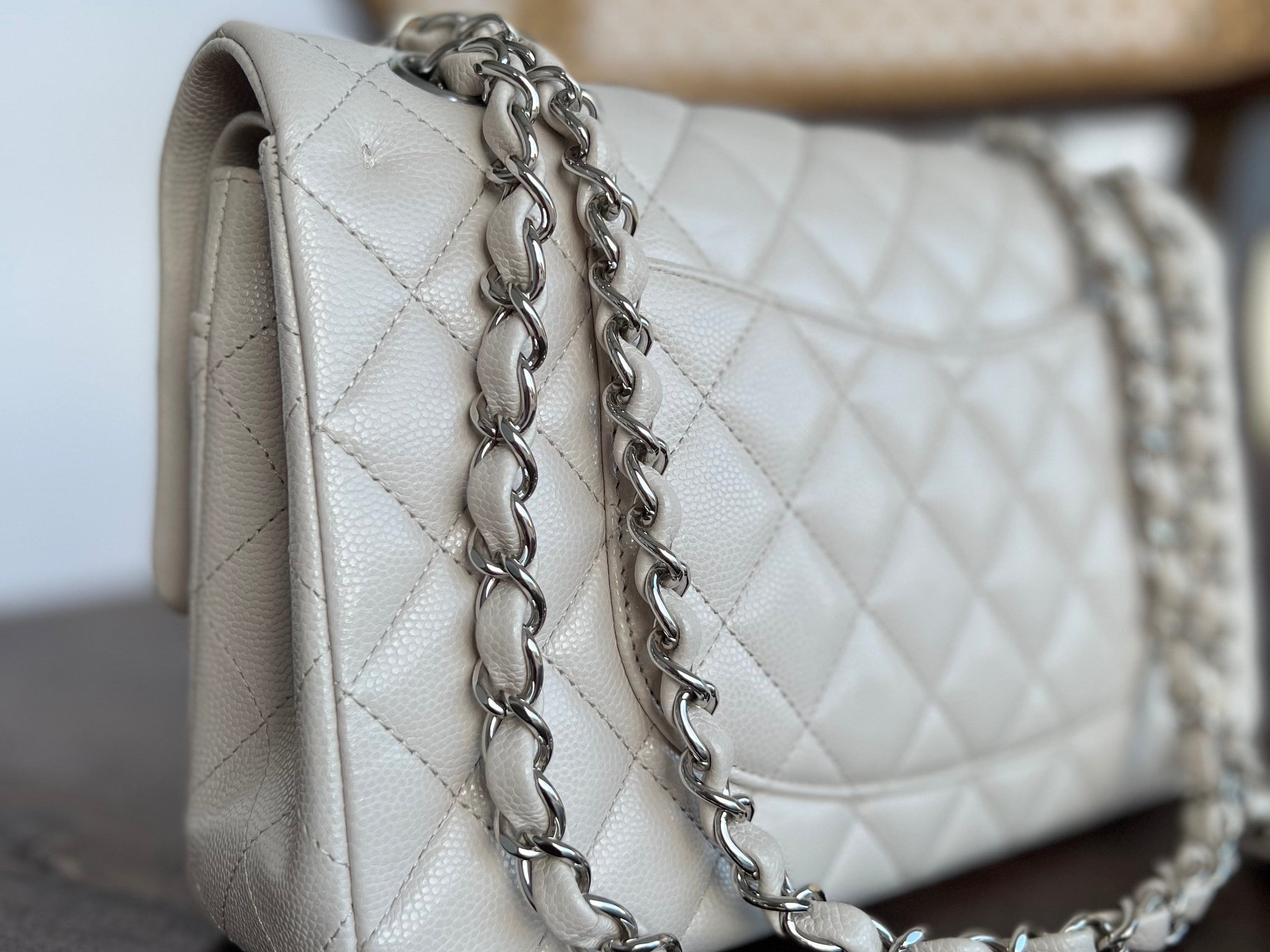 CHANEL Handbag 20B Ivory Caviar Quilted Classic Flap Medium Silver Hardware - Redeluxe