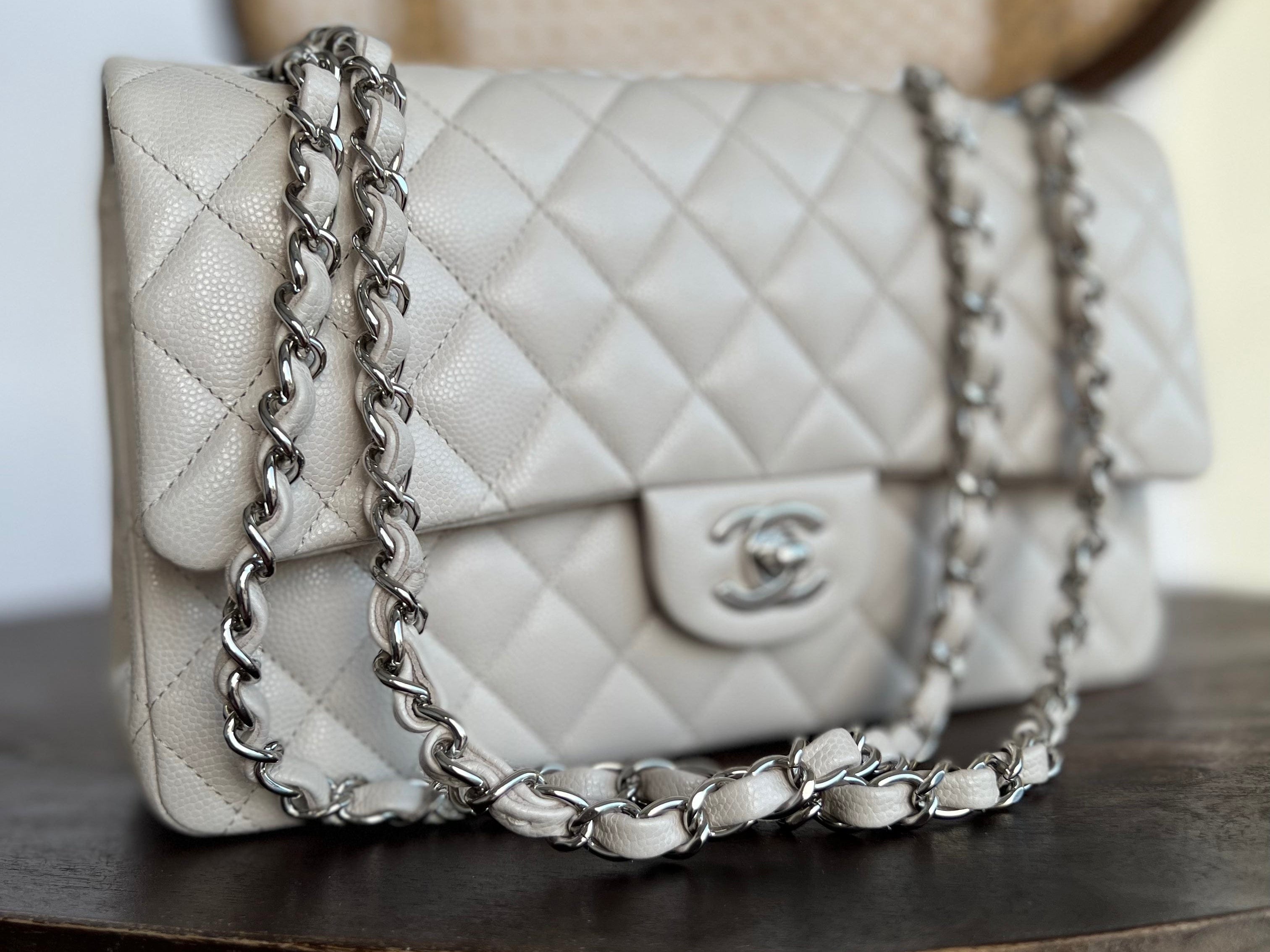 CHANEL Handbag 20B Ivory Caviar Quilted Classic Flap Medium Silver Hardware - Redeluxe