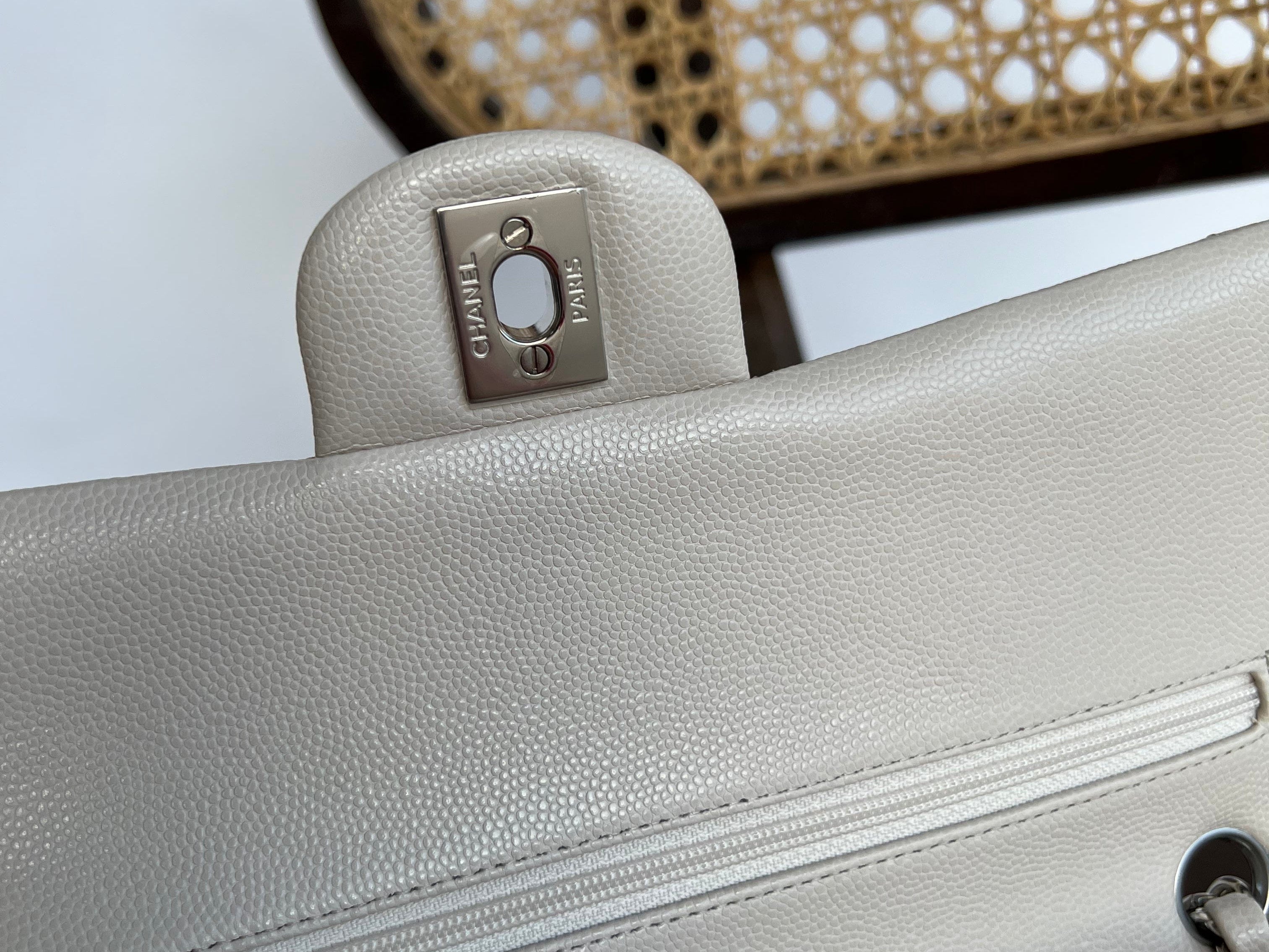 CHANEL Handbag 20B Ivory Caviar Quilted Classic Flap Medium Silver Hardware - Redeluxe