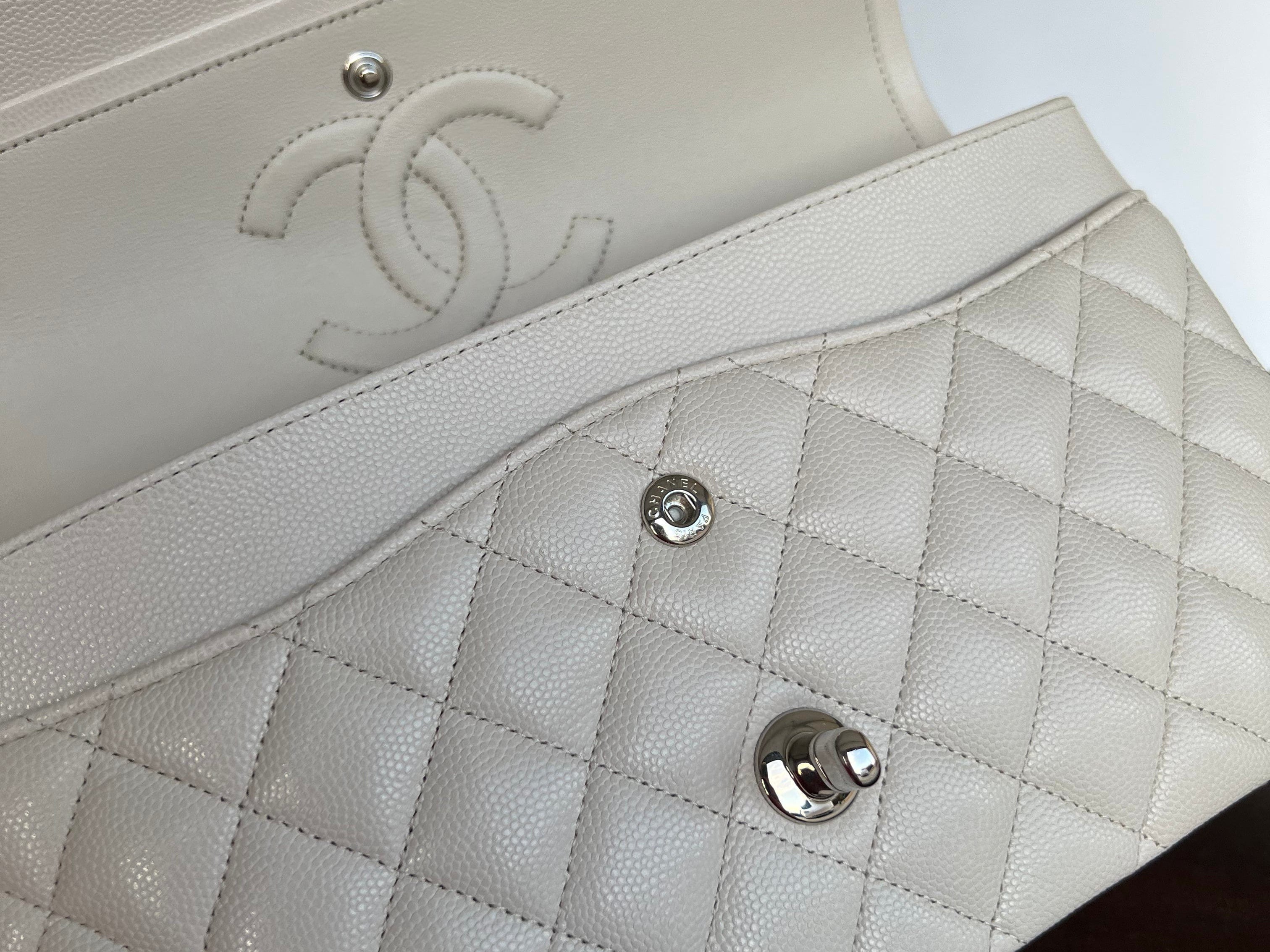 CHANEL Handbag 20B Ivory Caviar Quilted Classic Flap Medium Silver Hardware - Redeluxe