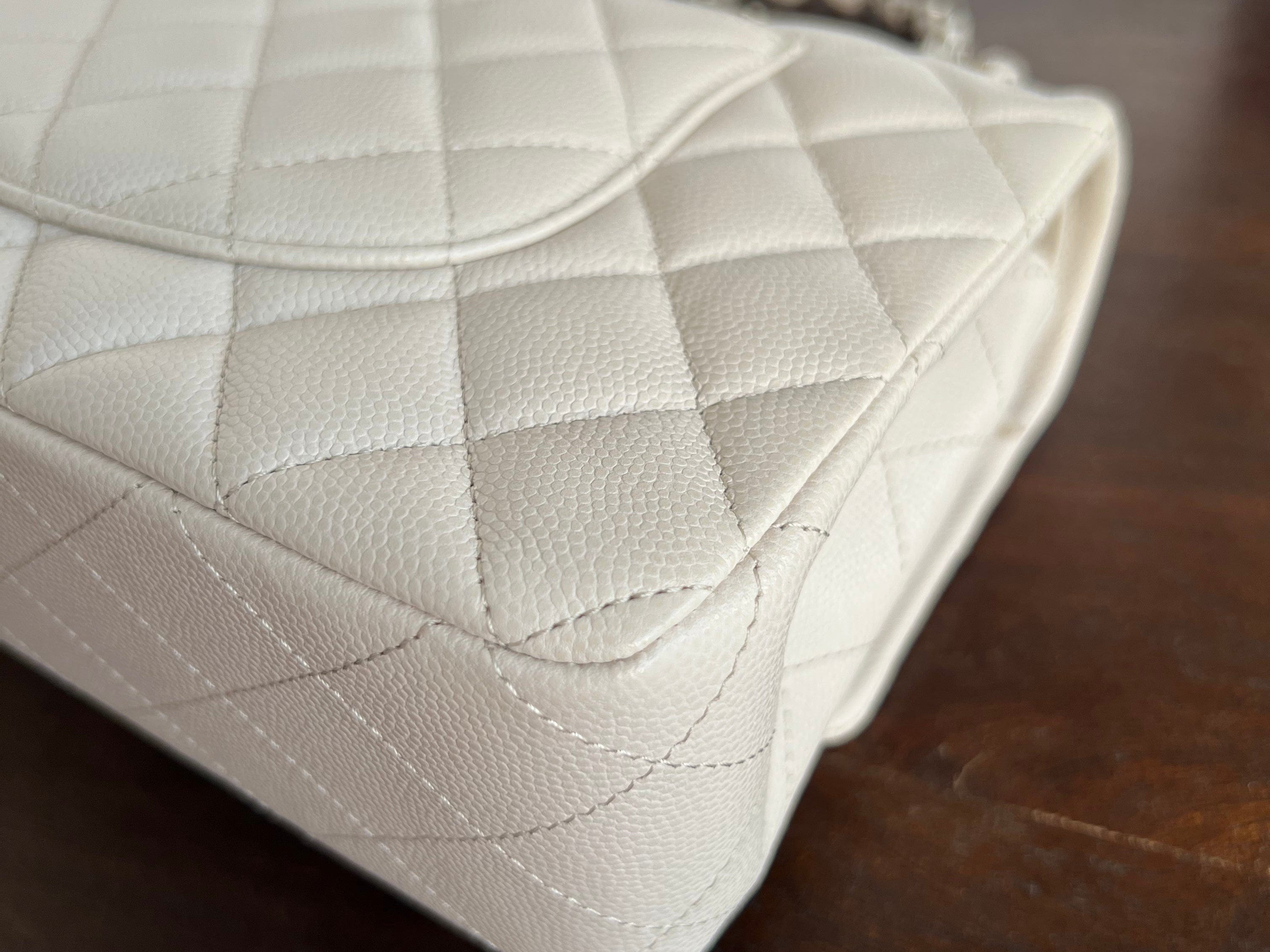 CHANEL Handbag 20B Ivory Caviar Quilted Classic Flap Medium Silver Hardware - Redeluxe