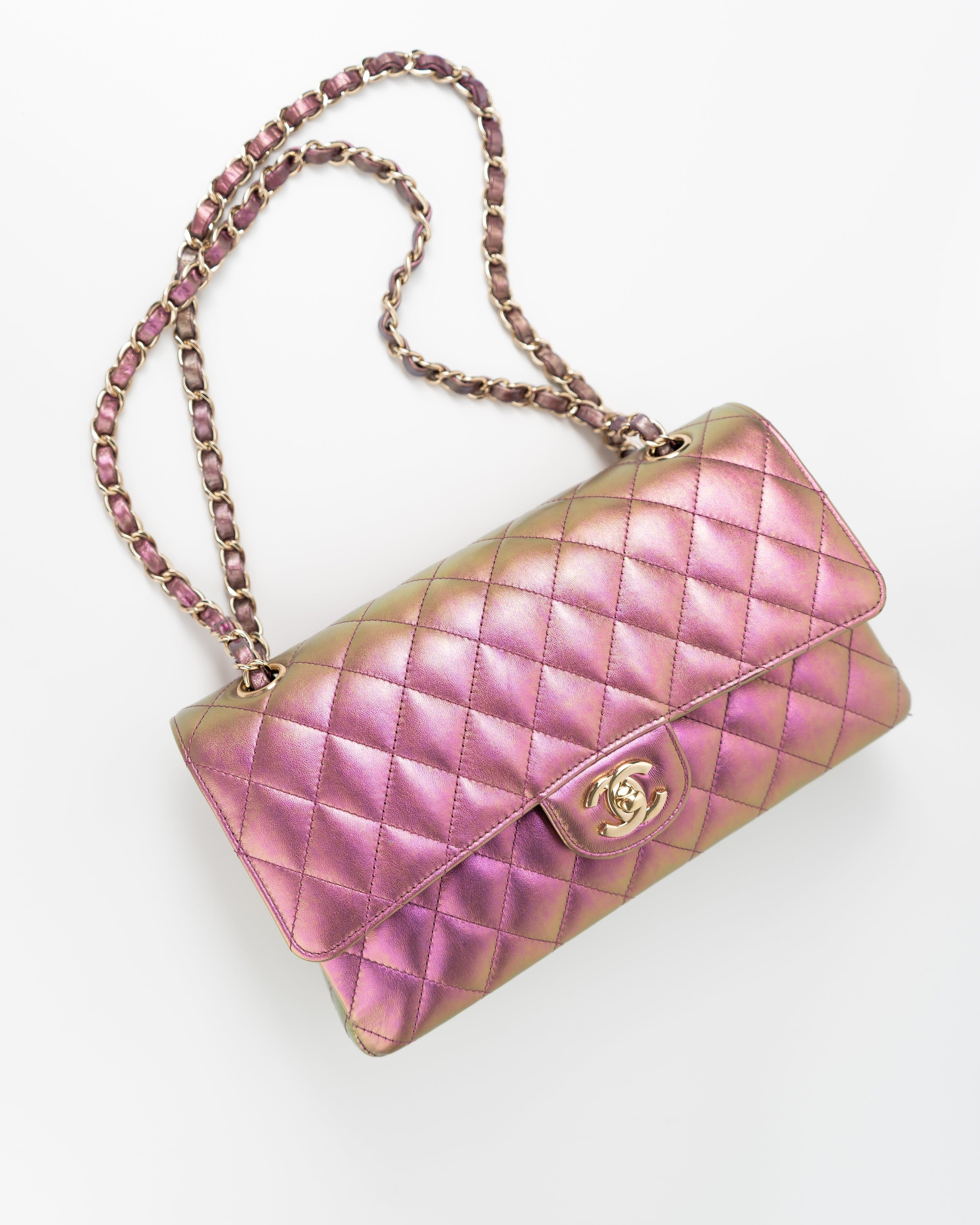 CHANEL Handbag 20B Purple Iridescent Lambskin Quilted Classic Flap Medium w/ Edge Stitching - Redeluxe