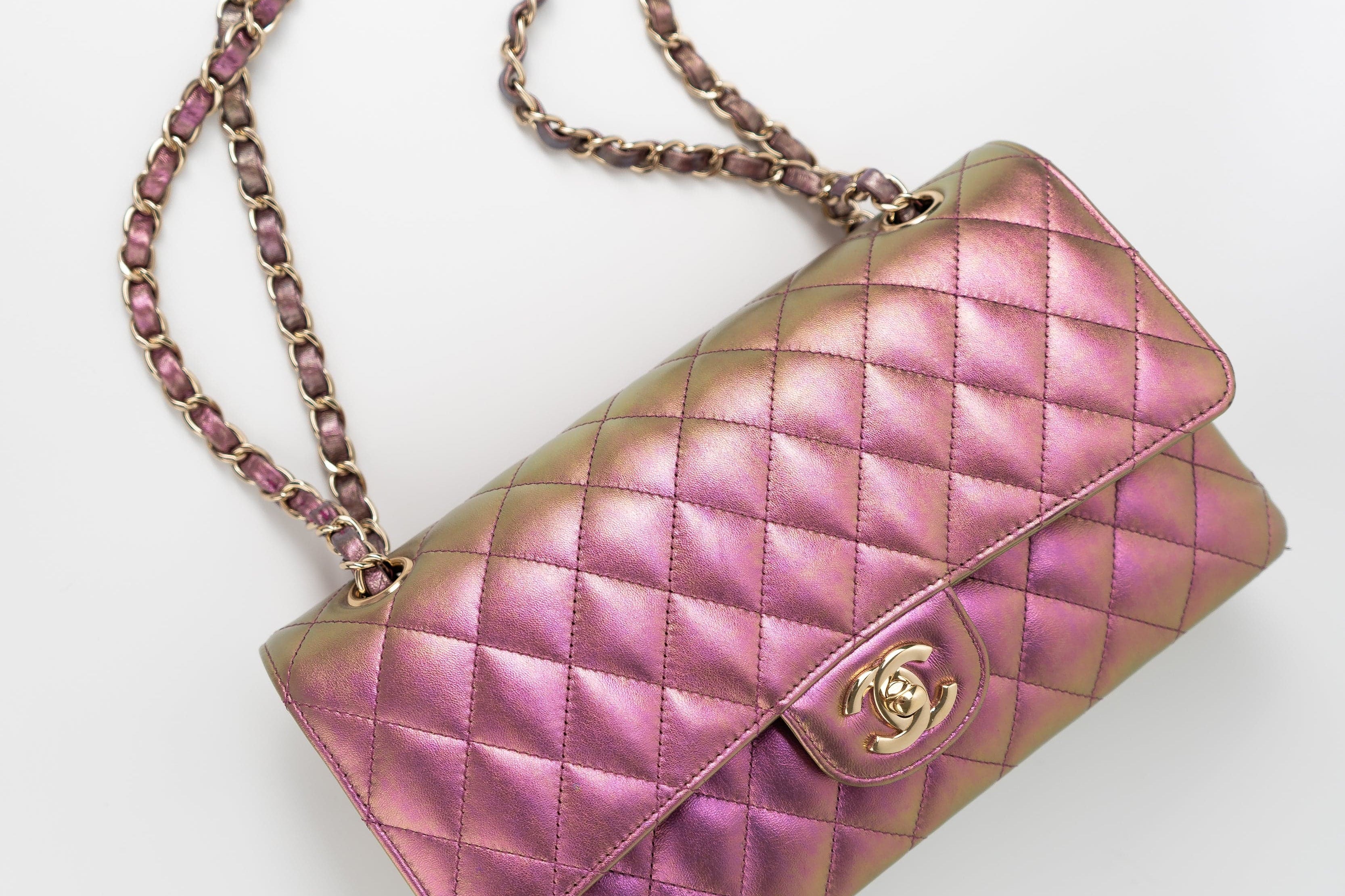 CHANEL Handbag 20B Purple Iridescent Lambskin Quilted Classic Flap Medium w/ Edge Stitching - Redeluxe