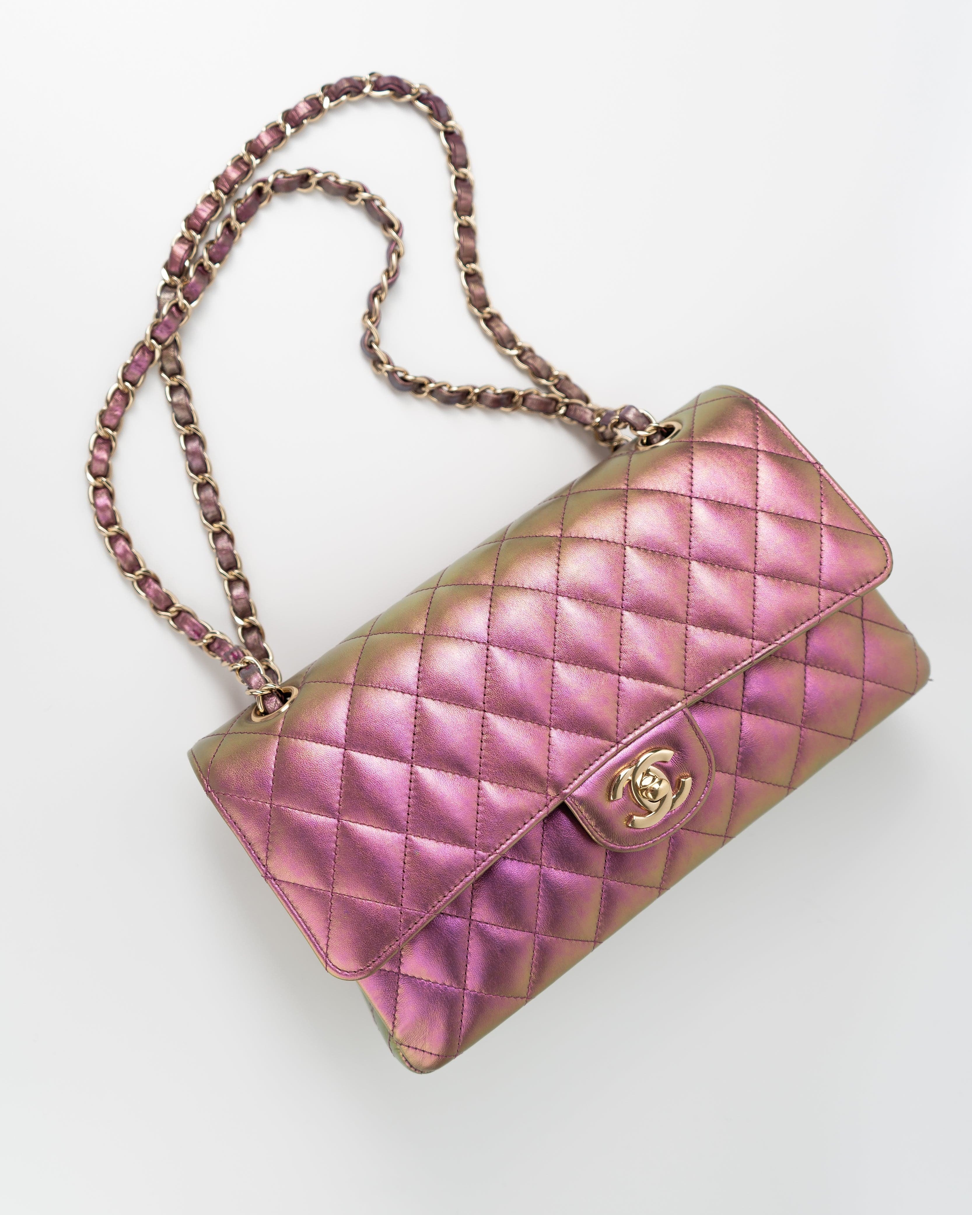 CHANEL Handbag 20B Purple Iridescent Lambskin Quilted Classic Flap Medium w/ Edge Stitching - Redeluxe