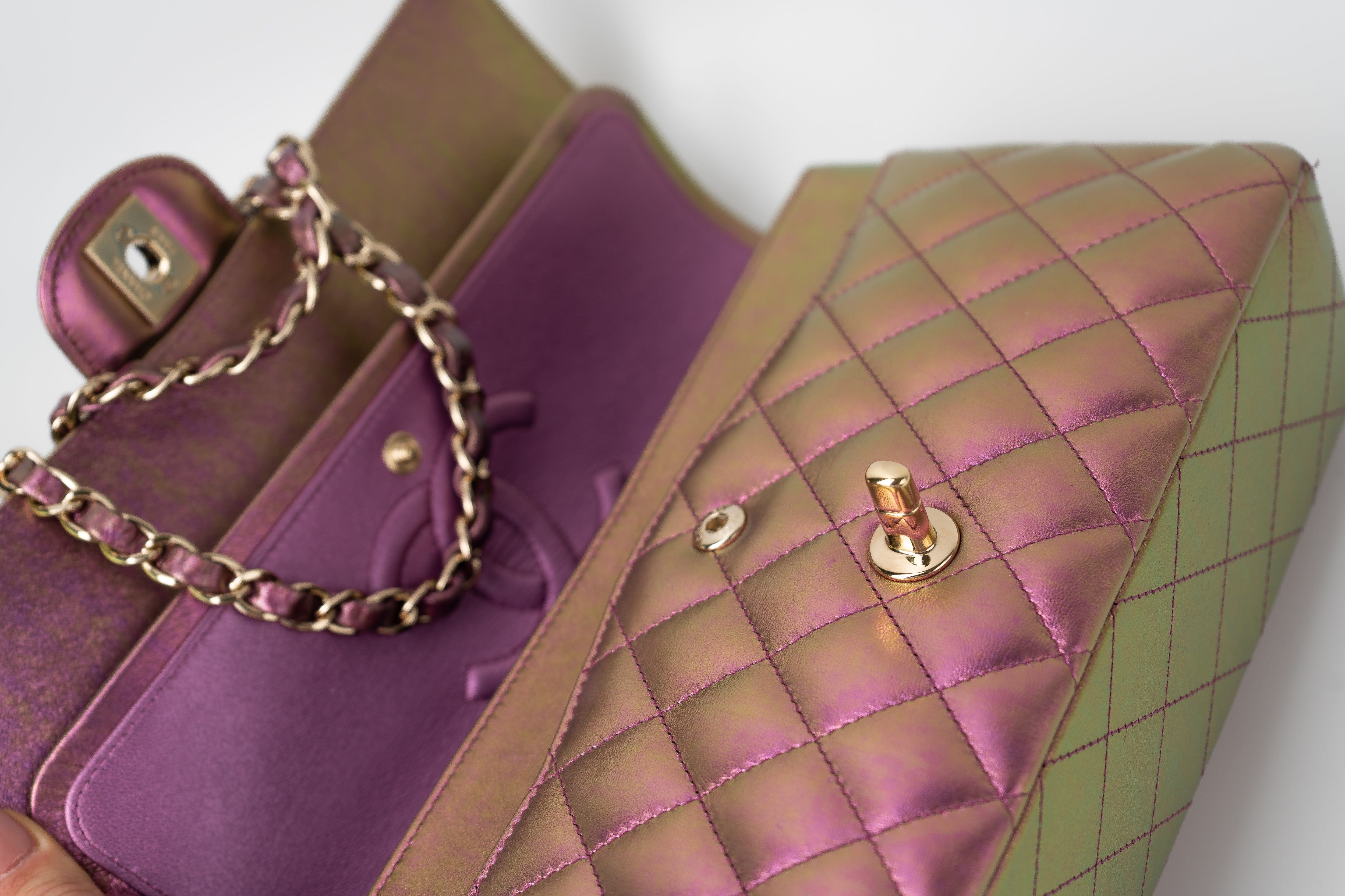 CHANEL Handbag 20B Purple Iridescent Lambskin Quilted Classic Flap Medium w/ Edge Stitching - Redeluxe