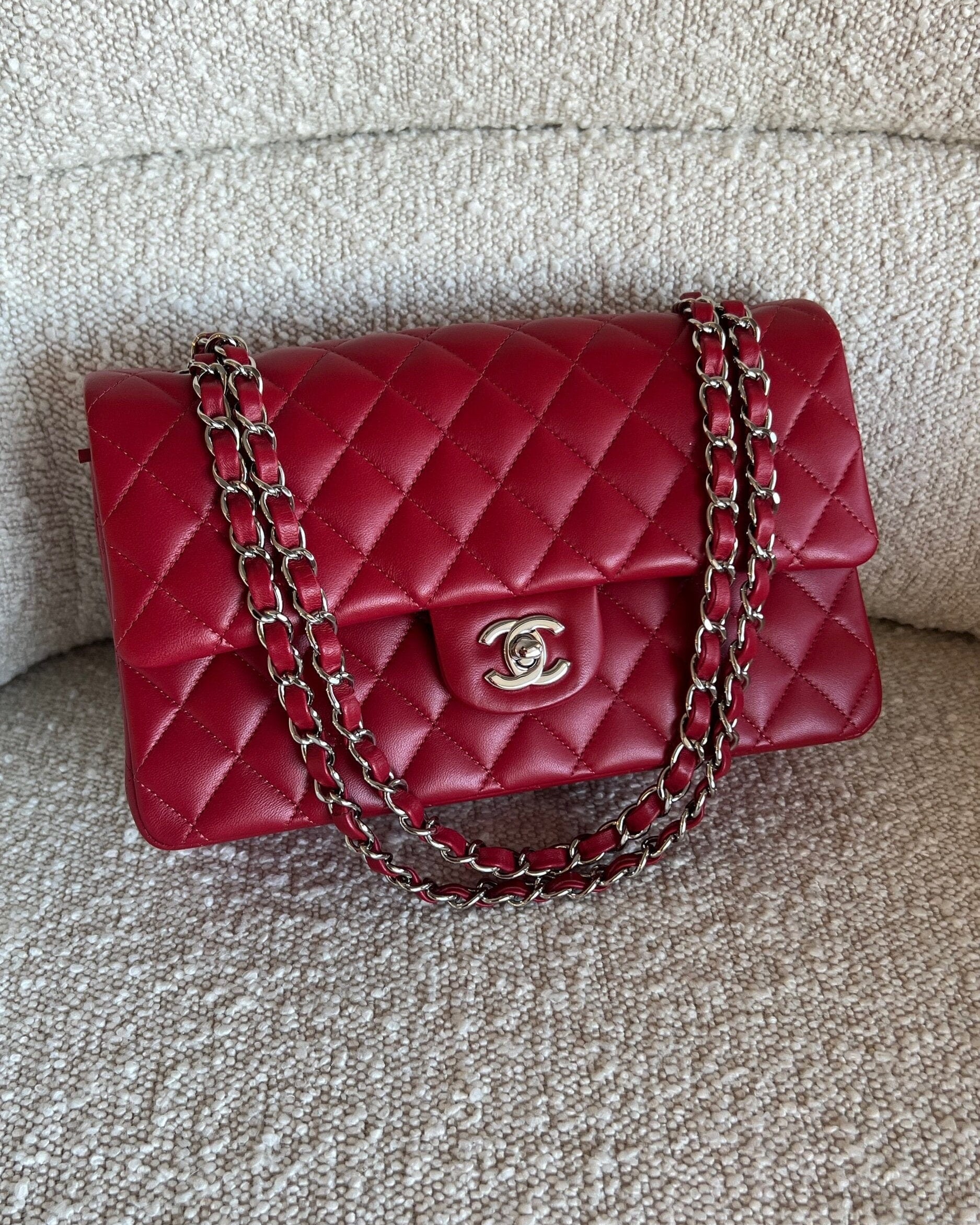 CHANEL Handbag 20B Red Lambskin Quilted Classic Flap Medium SHW - Redeluxe