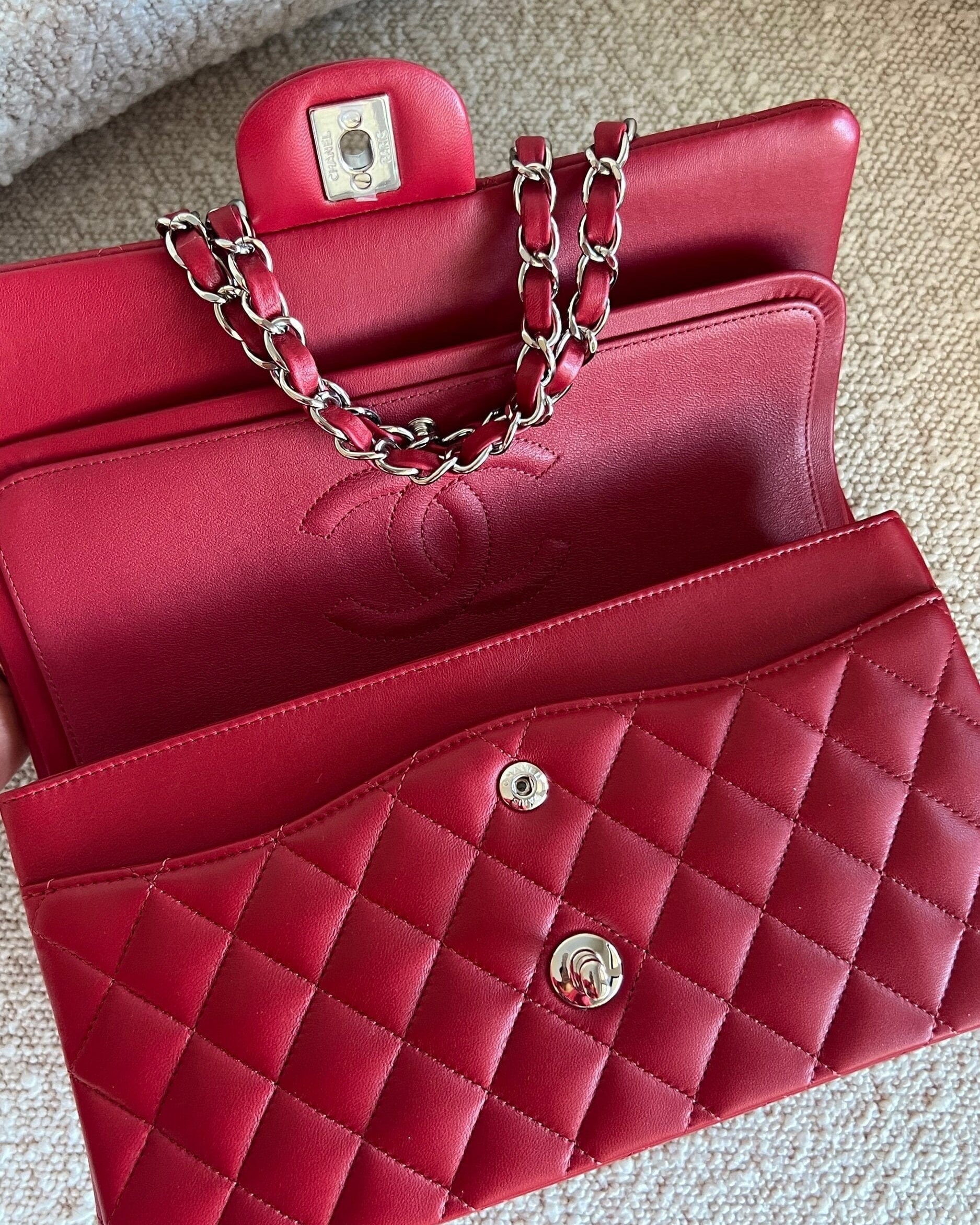 CHANEL Handbag 20B Red Lambskin Quilted Classic Flap Medium SHW - Redeluxe