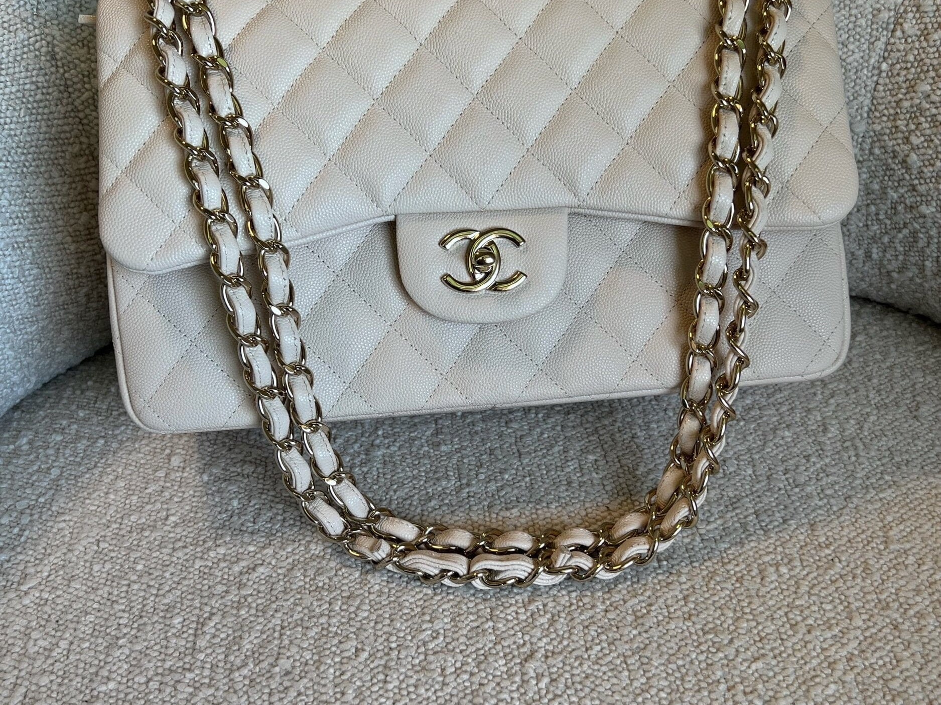 CHANEL Handbag 20C Light Beige Caviar Quilted Jumbo Classic Flap LGHW - Redeluxe
