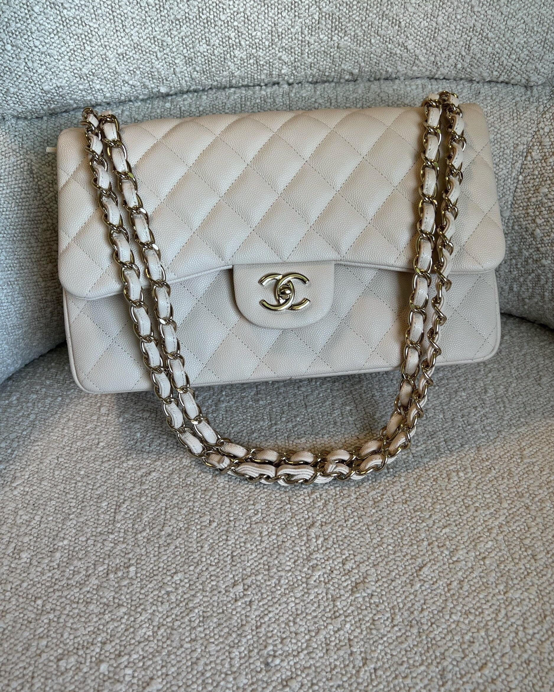 CHANEL Handbag 20C Light Beige Caviar Quilted Jumbo Classic Flap LGHW - Redeluxe