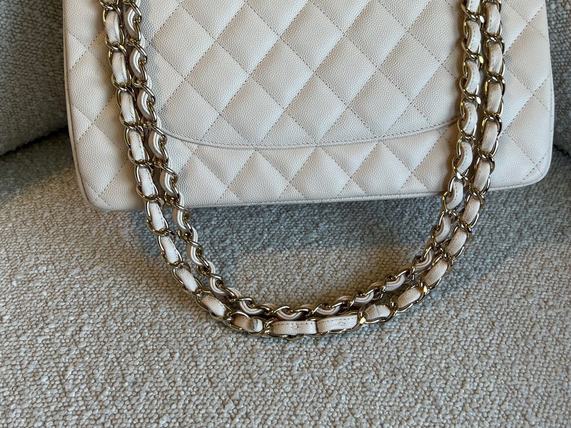 CHANEL Handbag 20C Light Beige Caviar Quilted Jumbo Classic Flap LGHW - Redeluxe