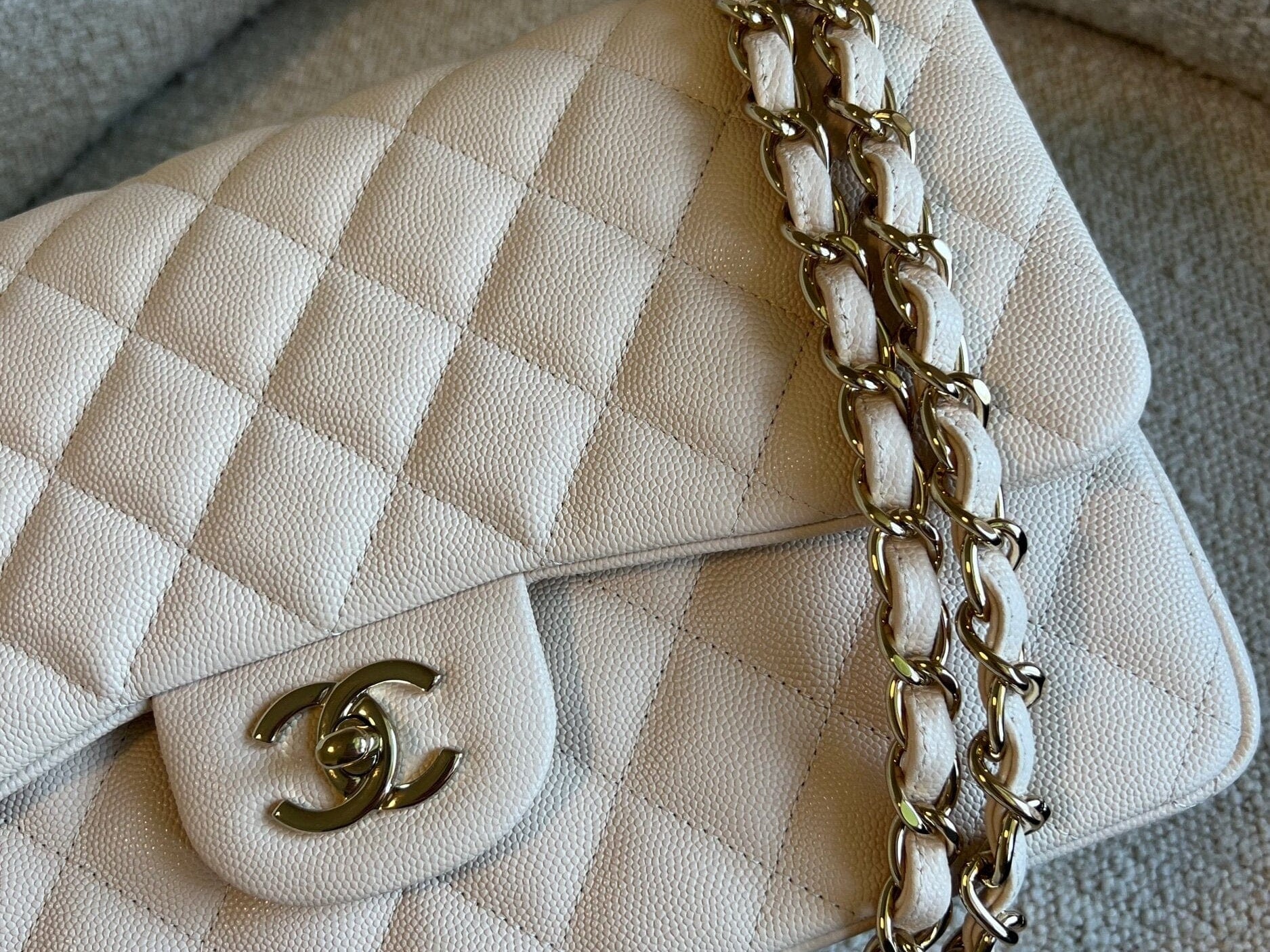 CHANEL Handbag 20C Light Beige Caviar Quilted Jumbo Classic Flap LGHW - Redeluxe