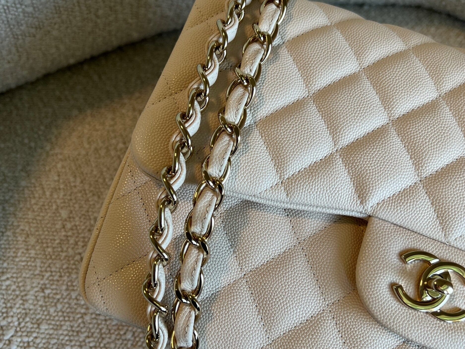 CHANEL Handbag 20C Light Beige Caviar Quilted Jumbo Classic Flap LGHW - Redeluxe